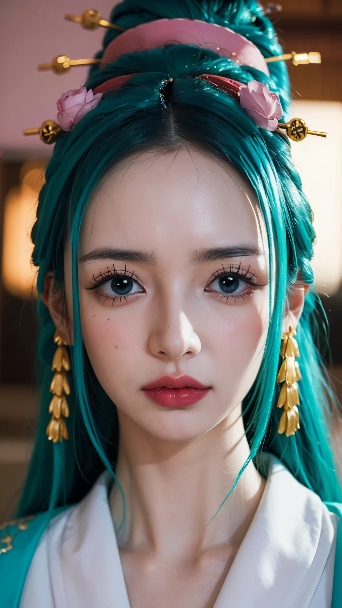 Realistic and ultra-detailed portrait of Komurasaki Hiyori from One Piece, depicted as if she exists in the real world. She has long, silky, flowing turquoise hair with a natural shine, styled gracefully with traditional Japanese elegance. Her eyes are large, expressive, and strikingly deep blue, radiating both sadness and nobility. She wears an exquisite, ornate kimono with intricate golden and floral patterns, layered with rich fabrics in shades of purple, pink, and gold, illuminated with lifelike textures and embroidery. Her delicate face has porcelain-like skin, soft blush, and natural makeup highlighting her beauty. Surrounding her is a refined atmosphere inspired by Wano culture—paper lanterns glowing warmly, cherry blossoms drifting in the air, and the subtle shine of moonlight reflecting on her silk attire. Ultra-realistic lighting, cinematic depth of field, sharp facial features, detailed fabric textures, hyper-detailed environment, masterpiece, 8K