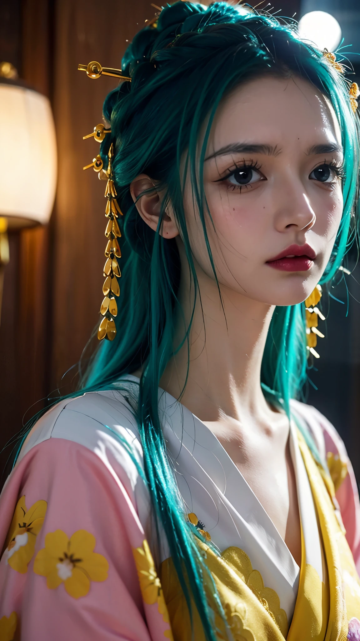 Realistic and ultra-detailed portrait of Komurasaki Hiyori from One Piece, depicted as if she exists in the real world. She has long, silky, flowing turquoise hair with a natural shine, styled gracefully with traditional Japanese elegance. Her eyes are large, expressive, and strikingly deep blue, radiating both sadness and nobility. She wears an exquisite, ornate kimono with intricate golden and floral patterns, layered with rich fabrics in shades of purple, pink, and gold, illuminated with lifelike textures and embroidery. Her delicate face has porcelain-like skin, soft blush, and natural makeup highlighting her beauty. Surrounding her is a refined atmosphere inspired by Wano culture—paper lanterns glowing warmly, cherry blossoms drifting in the air, and the subtle shine of moonlight reflecting on her silk attire. Ultra-realistic lighting, cinematic depth of field, sharp facial features, detailed fabric textures, hyper-detailed environment, masterpiece, 8K
