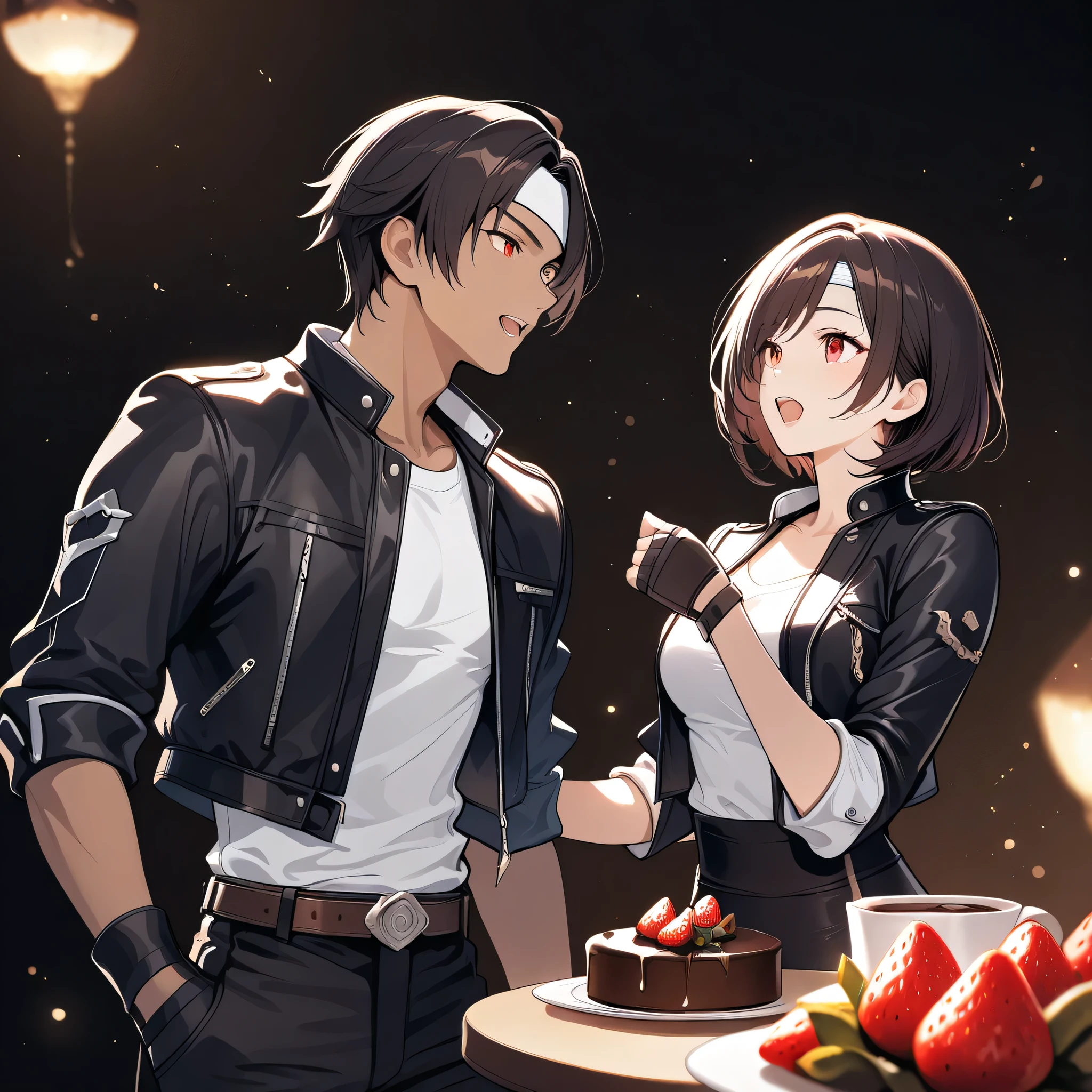 White Day, couple, man and woman, dark hair, short hair, brown skin, red eyes, chocolate, strawberries, sweet mood, melting chocolate, glamorous party venue, smiling, open mouth, she is wearing ((black jacket with rolled up sleeves)), open jacket, black fingerless gloves, white T-shirt, ((white headband)), black pants, white shoes, brown belt, cafe style, light colors, soft light, relaxed mood. Great quality, very beautiful, high resolution, depth of field, cute, blurry black background, masterpiece, absurd, volume lighting, light particles