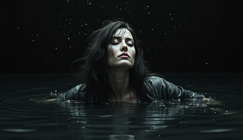 film photography, vintage, fashion photography of horror, 90s beautiful fashion model in black water, blue night forest background