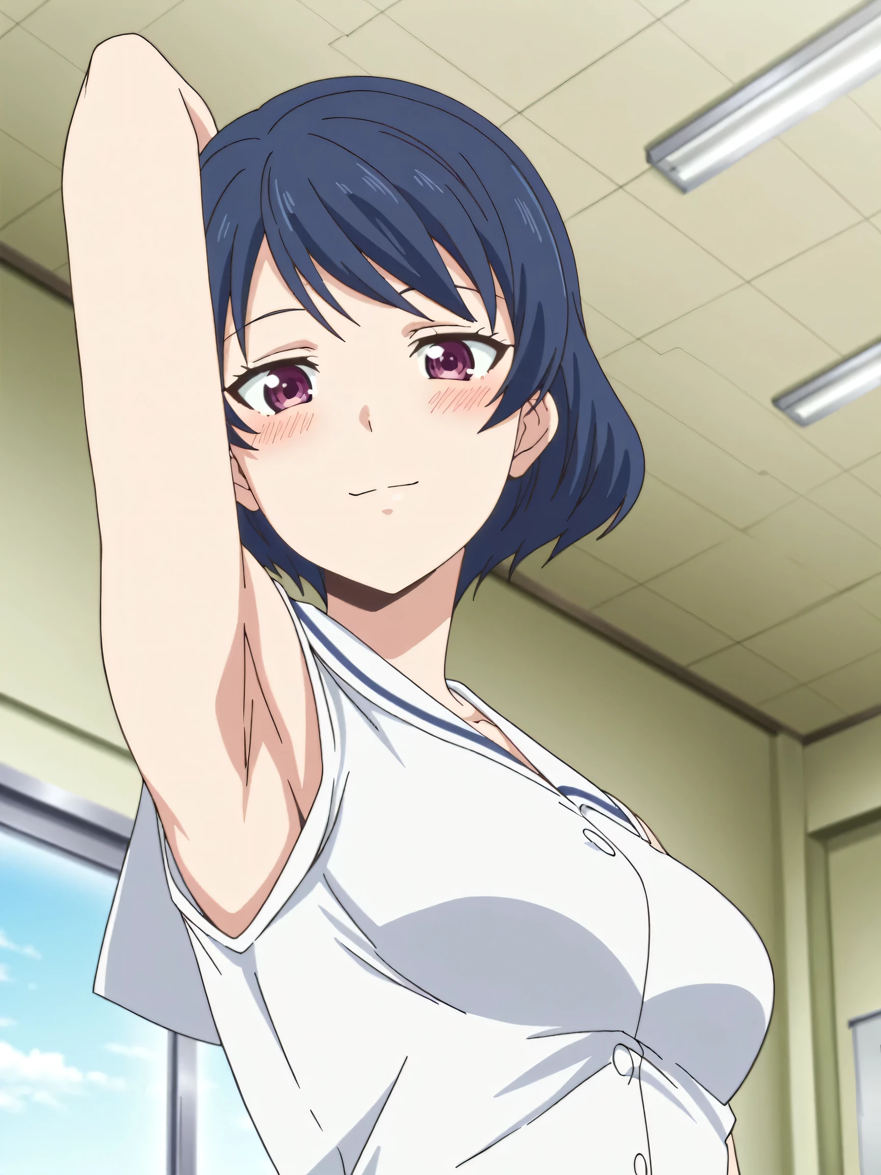 masterpiece, best quality, amazing quality, anime screencap, anime coloring, 1girl, solo, tachibana rui, , short hair, blue hair, choppy bangs, purple eyes, white shirt, white sailor collar, untucked shirt, sleeveless, arms, arm behind head, armpit, armpit focus, head towards viewer, looking at viewer, light smile, blush, closed mouth, indoors, school, from side, from below