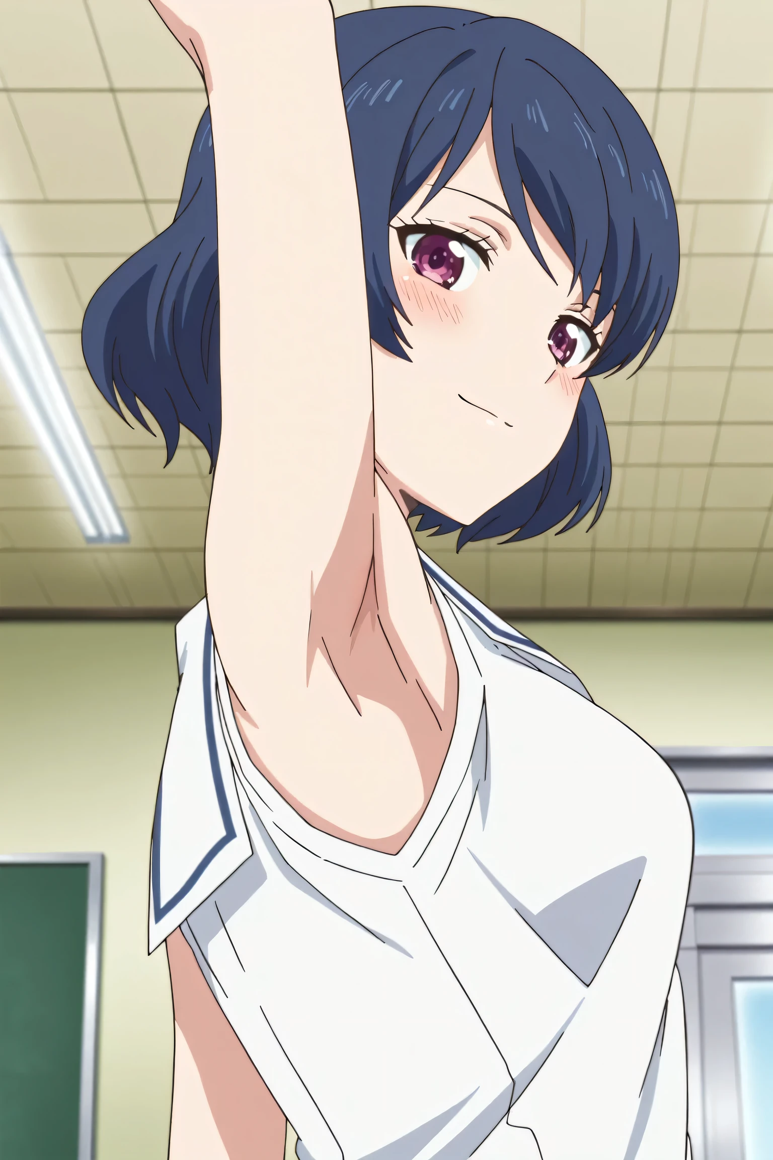 masterpiece, best quality, amazing quality, anime screencap, anime coloring, 1girl, solo, tachibana rui, , short hair, blue hair, choppy bangs, purple eyes, white shirt, white sailor collar, untucked shirt, sleeveless, arms, arm up, raised arm, armpit, armpit focus, head towards viewer, looking at viewer, light smile, blush, closed mouth, indoors, school, from side, from below, (:1.2)