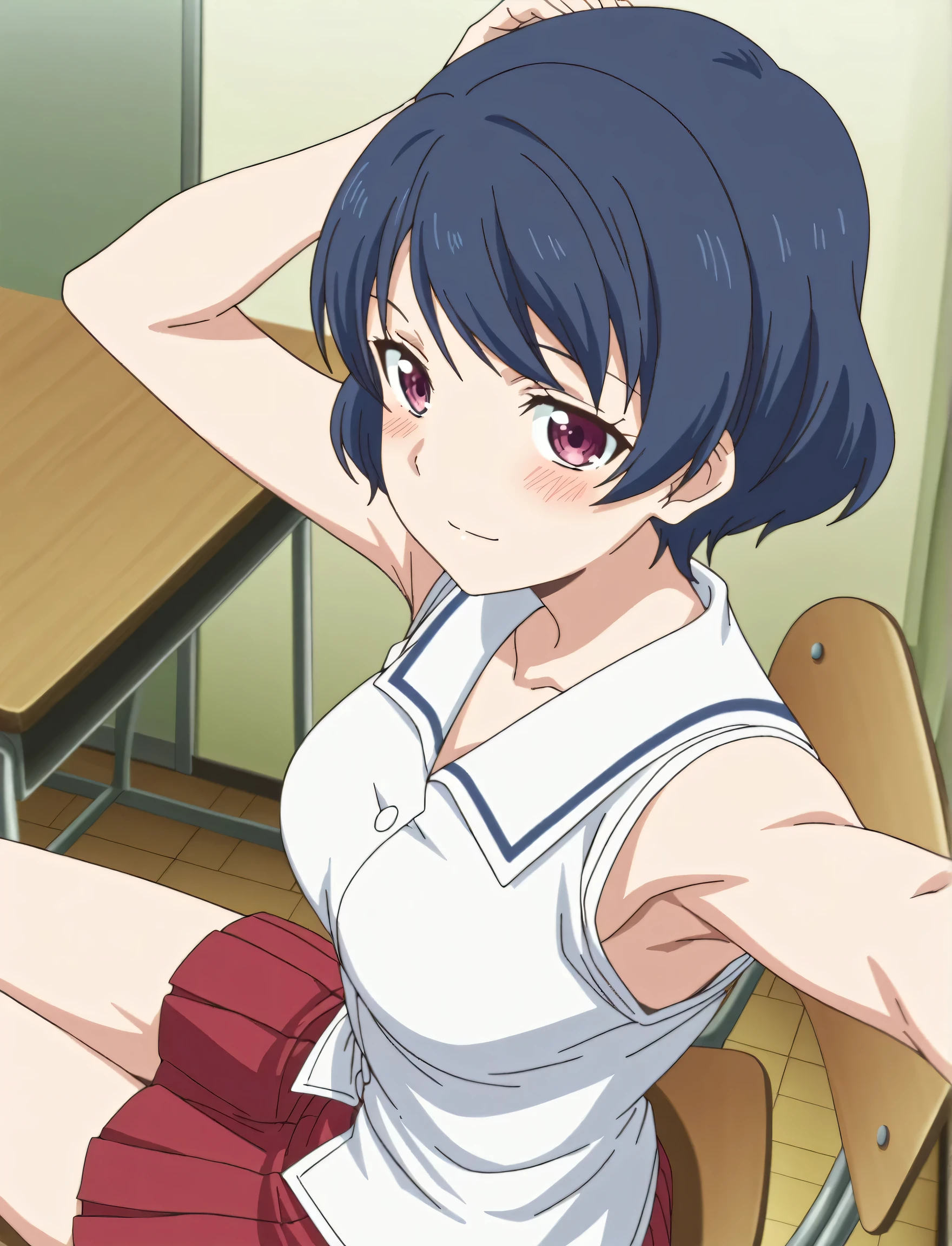 masterpiece, best quality, amazing quality, anime screencap, anime coloring, 1girl, solo, tachibana rui, , short hair, blue hair, choppy bangs, purple eyes, white shirt, white sailor collar, untucked shirt, sleeveless, arms, outstretched arm, armpit, armpit focus, head towards viewer, looking at viewer, light smile, blush, closed mouth, indoors, school, from side, from above, sitting on a chair, red skirt, pleated skirt