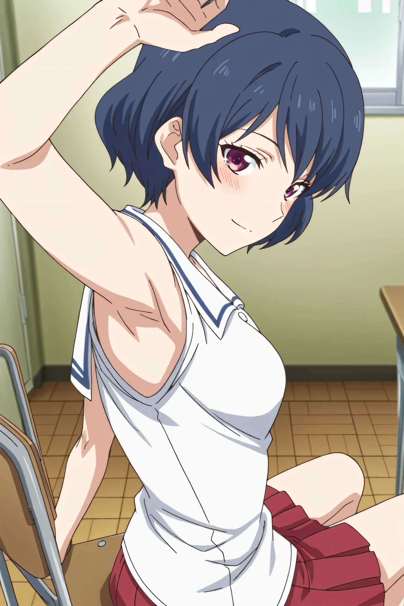 masterpiece, best quality, amazing quality, anime screencap, anime coloring, 1girl, solo, tachibana rui, , short hair, blue hair, choppy bangs, purple eyes, white shirt, white sailor collar, untucked shirt, sleeveless, arms, arm up, raised arm, armpit, armpit focus, head towards viewer, looking at viewer, light smile, blush, closed mouth, indoors, school, from side, , sitting on a chair, red skirt, pleated skirt