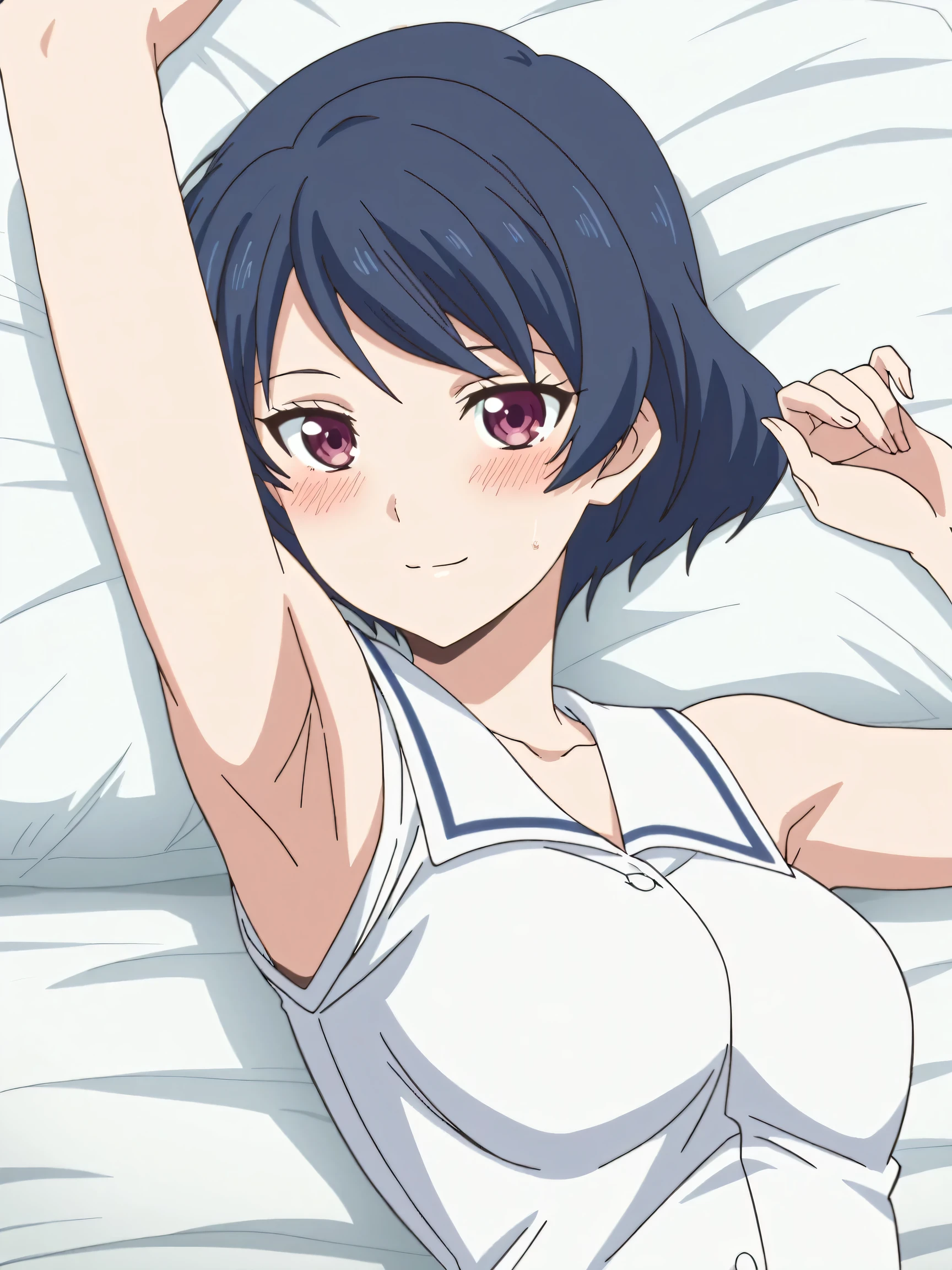 masterpiece, best quality, amazing quality, anime screencap, anime coloring, 1girl, solo, tachibana rui, , short hair, blue hair, choppy bangs, purple eyes, white shirt, white sailor collar, untucked shirt, sleeveless, arms, arm up, raised arm, armpit, armpit focus, head towards viewer, looking at viewer, light smile, blush, closed mouth, lying in bed