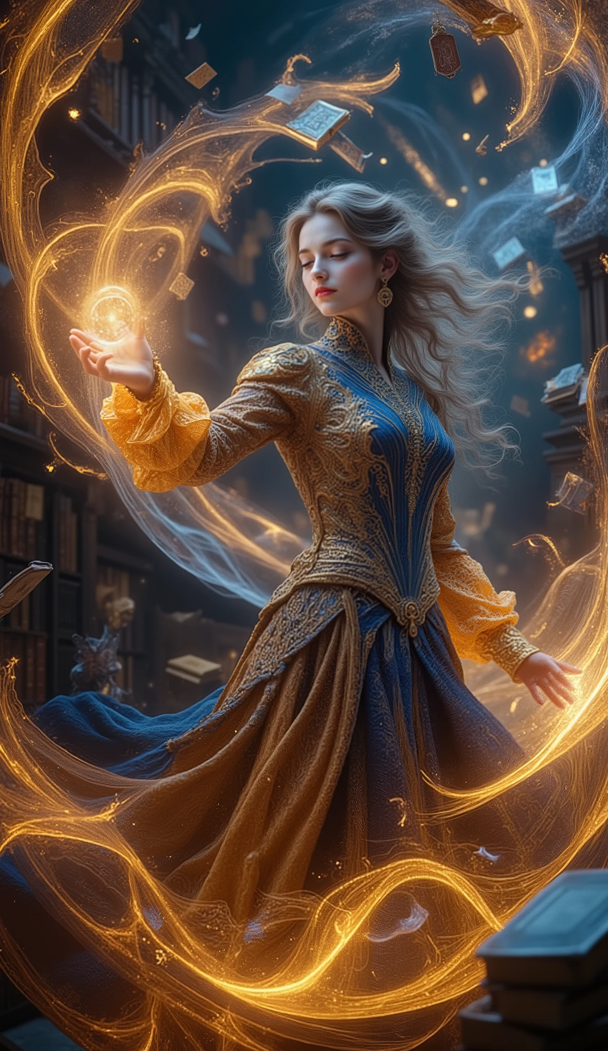A realistic 3D art piece of a mysterious woman standing in an ancient library full of floating books and magical characters. She wears Renaissance dresses with upside down colors and sparkles The, The blue and gold embroidered lace pattern shines. The outline of her dress shines, Shining Lines, and the sleeve expands dramatically when she raises one hand to invoke a glowing sphere of light. Her hair is finely curled, Gently illuminated by the magical patterns on her costume. background she wears is filled with swirling magical energy and ancient books, enhances arcane power and fantasy. Her Concentration, Her mystical expression is wrapped in gentle light, blends historical elegance with fantastic, Sparkling Twists.