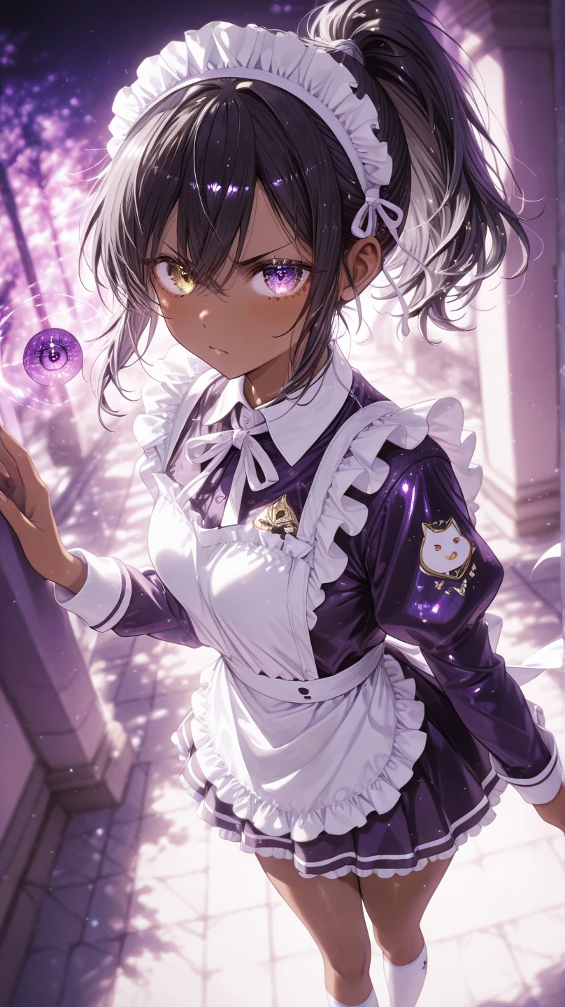 uniform brown skin High Angle Black Hair Ponytail {{{(gold odd eye), (purple odd eye)}}} white maid headband Get a little angry and feel like you're saying the color inside is gold Purple Light Particles Lots of glitter effects Blurred Background White Knee-Length Socks thighs crouches