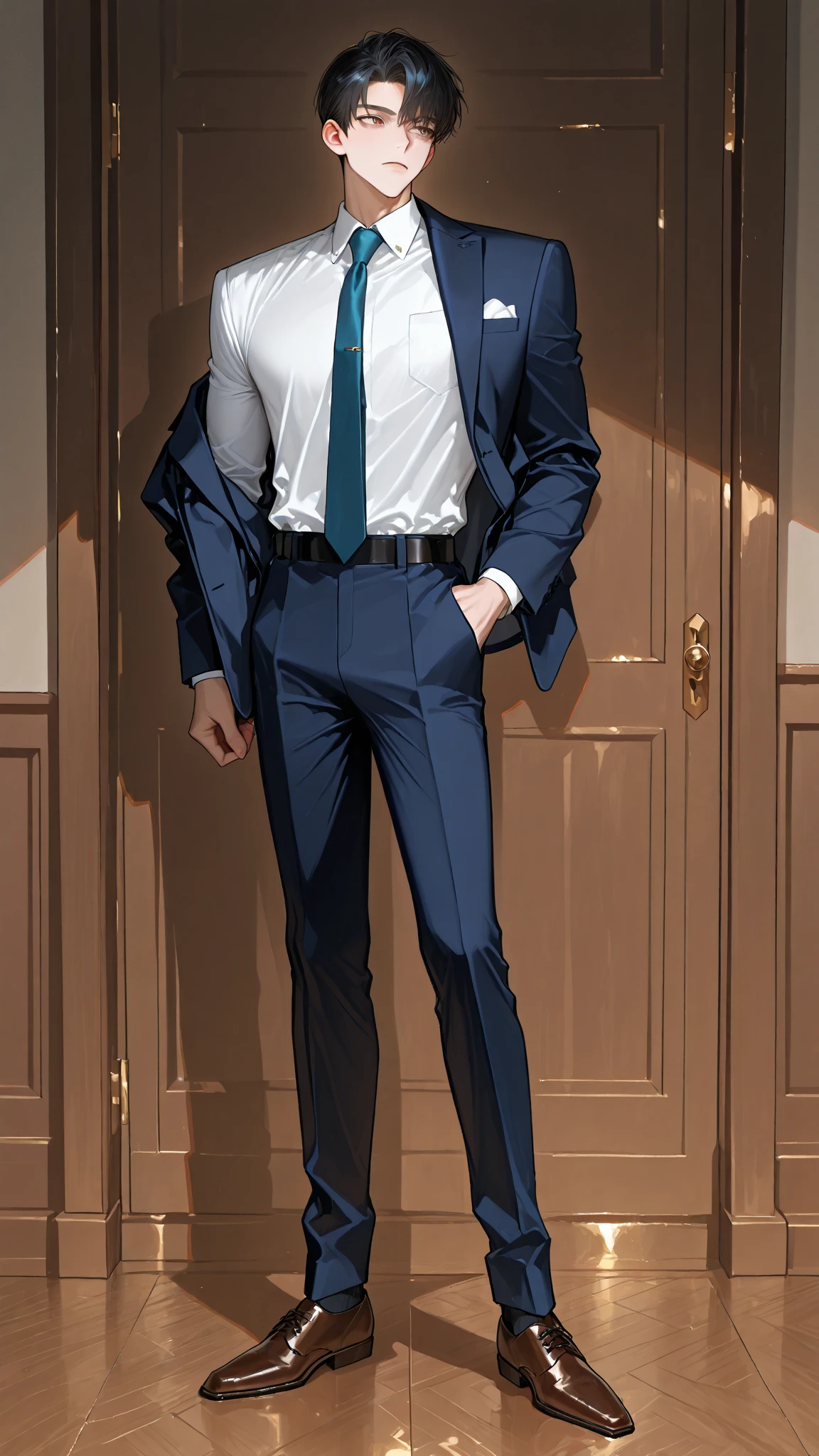 Hot muscular tall male, the  shirt, necktie, full body, upper body large, office background 