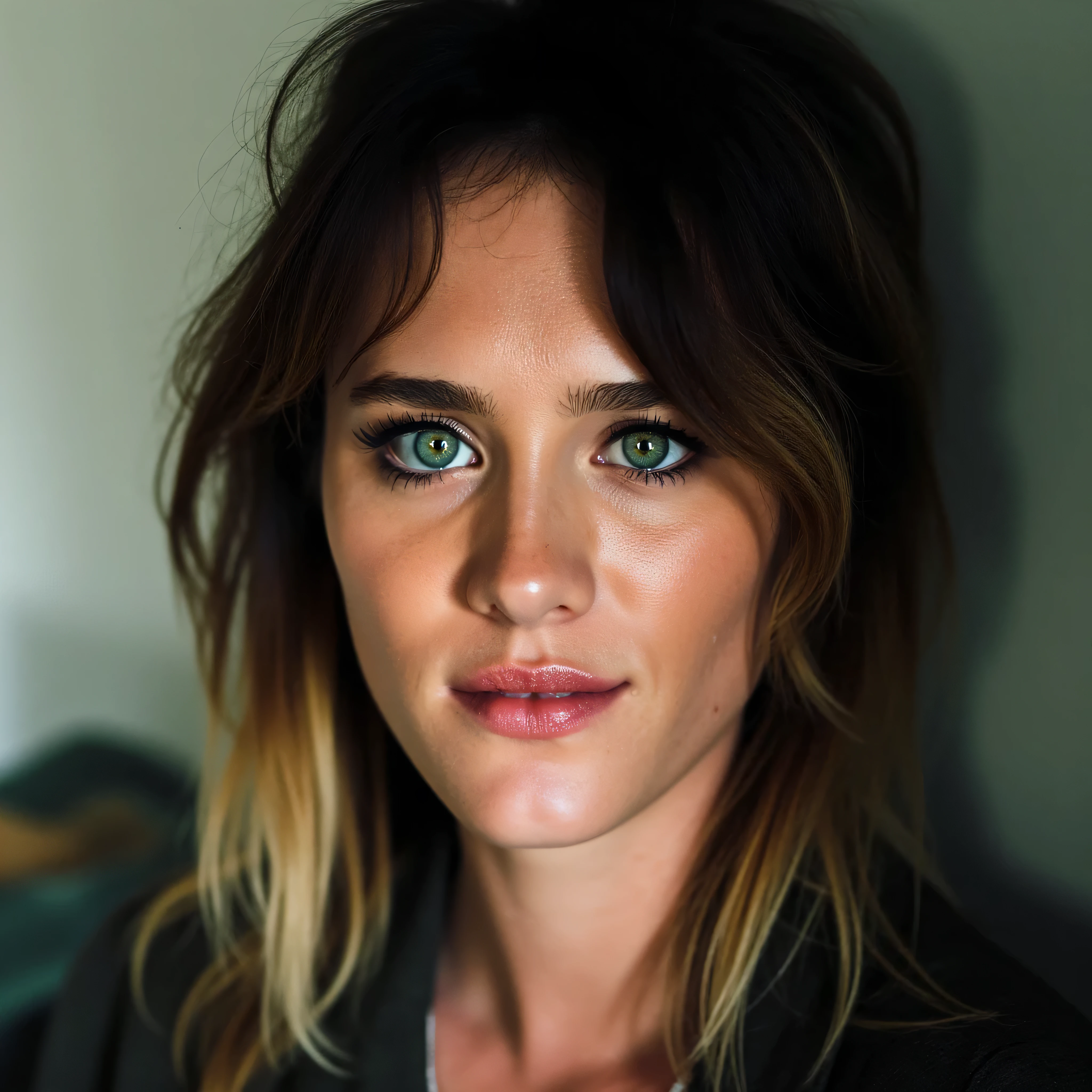 American Plan, ultra net, Face camera, sur fond uni clair, studio, beautiful young woman resembling young Elizabeth Hurley 30 ans, yeux bleus, casual wear : Dirty old dark smuggler's dark brown leather bomber jacket,silk shirt, faible revenu, Photorealistic portrait, Perfect detailed body, Stunning realistic photography, rendu 3D, rendu octane, meticulously detailed, cinematic, isometric, Hyperrealistic cover photo centered, awesome color, high-definition, cutscene, gagnant du concours Behance, ultra high def, 8k, mise au point ultra nette, Intricate masterpiece of art