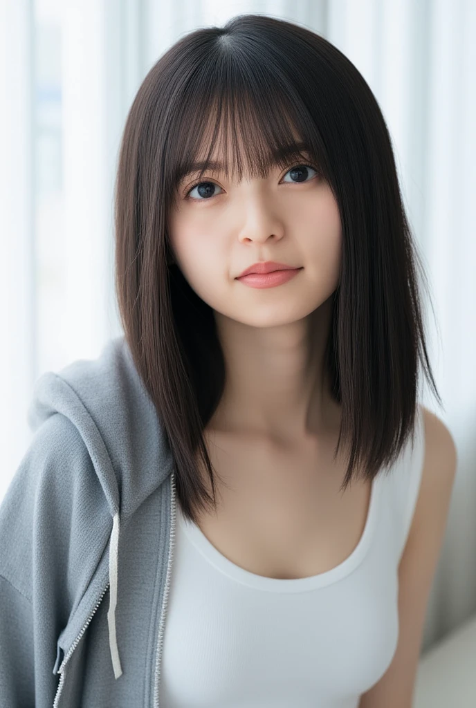 A hyper-realistic portrait of a young Japanese woman with a soft and ...