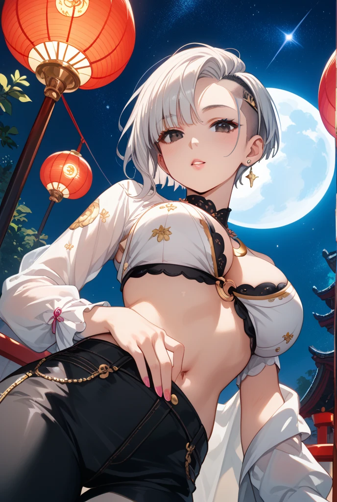 White short haired woman, with yellow eyes, mostrando os peitos,  showing , with an angry face and a  look, Wearing traditional Chinese imperial clothing in gold and black, with red Hanafuda earrings, with a short red skirt. On your knees in a hotel room bed, with a sunset in the window in the background.