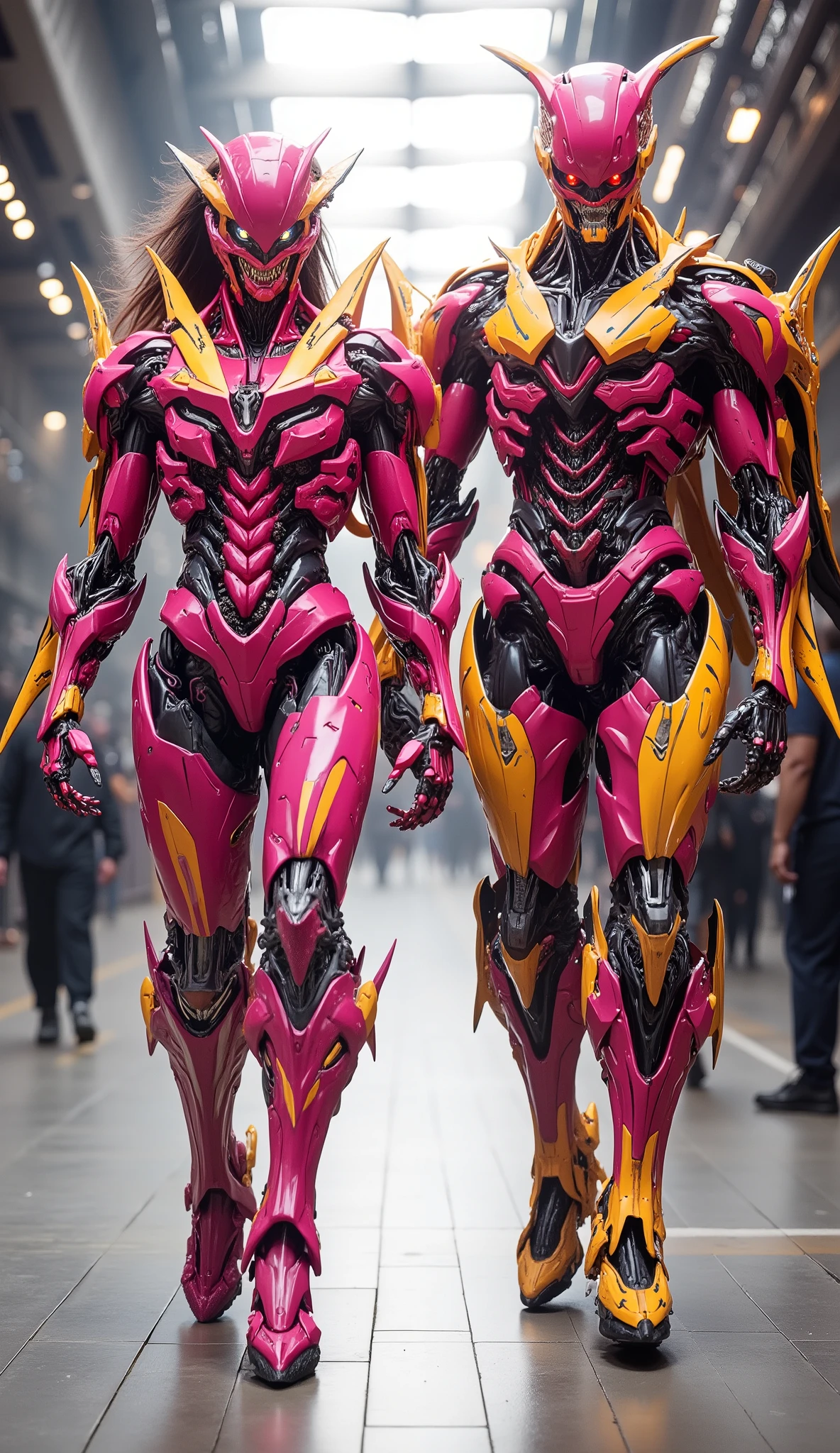 character: 1 Muscular monster man and 1 monster woman.
action: Walking straight.
Expression : Looking at the camera.
Costume : they Wearing futuristic Light pink electric monster ironman body suit with futuristic yellow accents armor. Full body view.
Background : A bright indoor public space , with people vaguely seen in the distance , indicates that this picture was taken at a fun event or meeting , may be a convention or costume party . They radiate happiness while walking confidently in their superhero costumes. Full body.