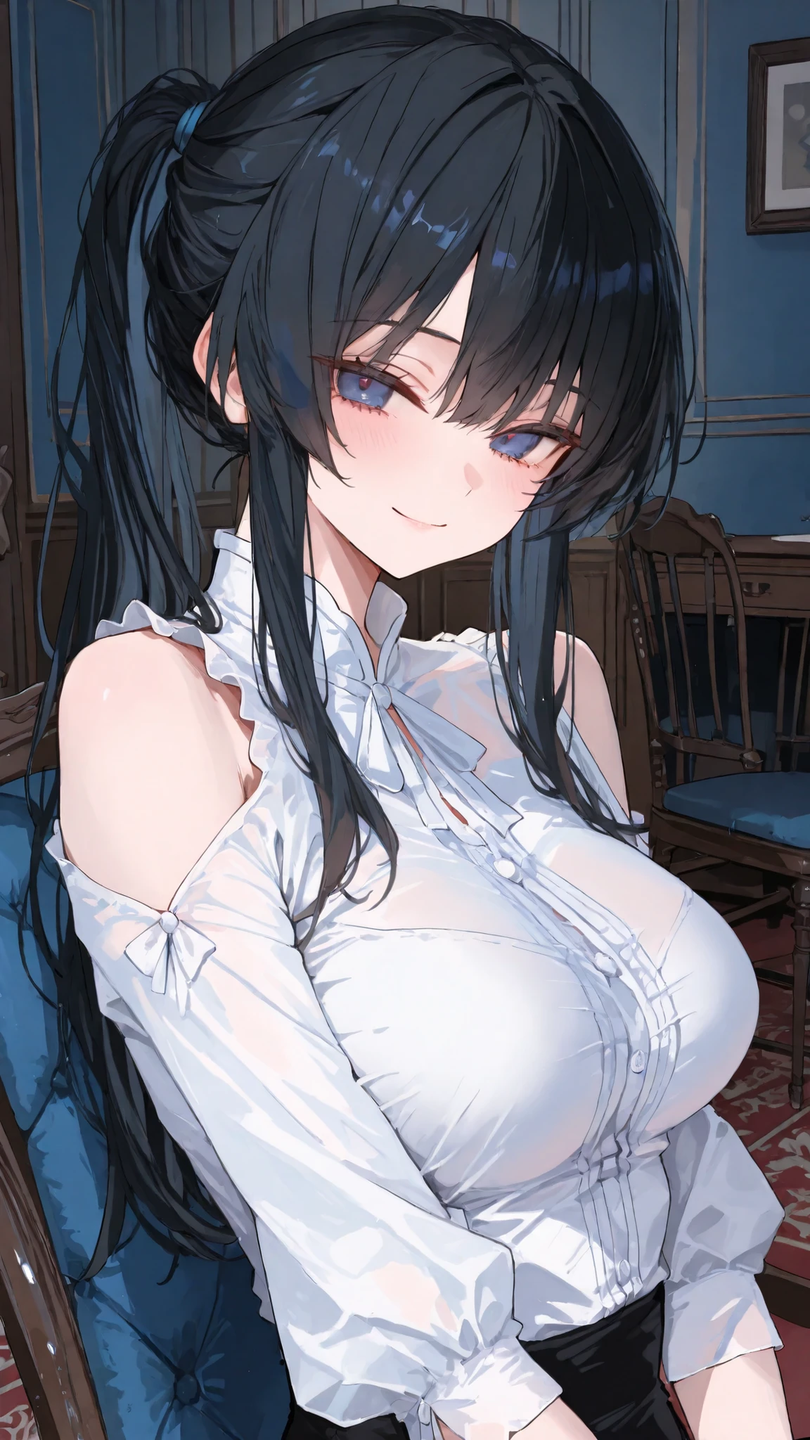 masterpiece， best quality， emphasize， 1個Giant Breast Girl，Black long hair， Huge ，Expose bare shoulders，White and transparent，Small fragrant dress，