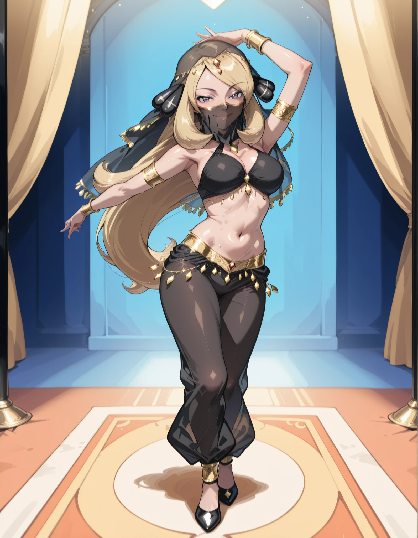 (1girl:1 . 5) , (Seul:1 . 5) , score_9 , score_8_haut , score_7_haut , source_anime , Official work  , ultra-detailed , masterpiece , best quality selfie snapshot , high resolution , beaux yeux , detailed eyes , detailed face , beautiful detailed eyes ,Pokemon Diamond & Pearl,Cynthia,Arabian Clothes , Arabian Dancer ,belly dancer costume ,full body,golden jewelery,mouth veil,armlet, belly dancing,arabian theater,seductive smile, dancing with veil, dynamic movement,dance posture, seductive pose