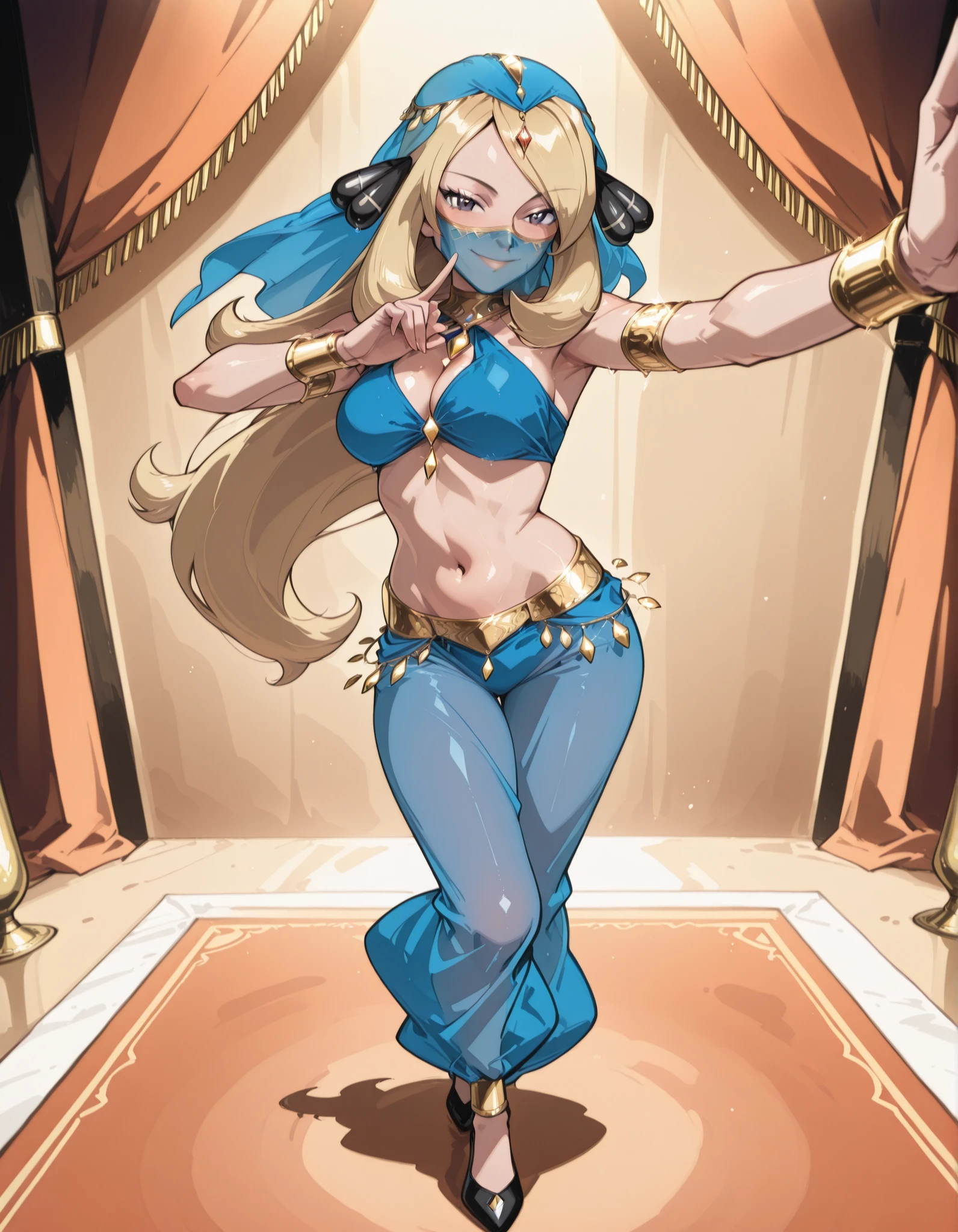 (1girl:1 . 5) , (Seul:1 . 5) , score_9 , score_8_haut , score_7_haut , source_anime , Official work  , ultra-detailed , masterpiece , best quality selfie snapshot , high resolution , beaux yeux , detailed eyes , detailed face , beautiful detailed eyes ,Pokemon Diamond & Pearl,Cynthia,Arabian Clothes , Arabian Dancer ,belly dancer costume ,full body,golden jewelery,mouth veil,armlet, belly dancing,arabian theater,seductive smile, dancing with veil, dynamic movement,dance posture, seductive pose