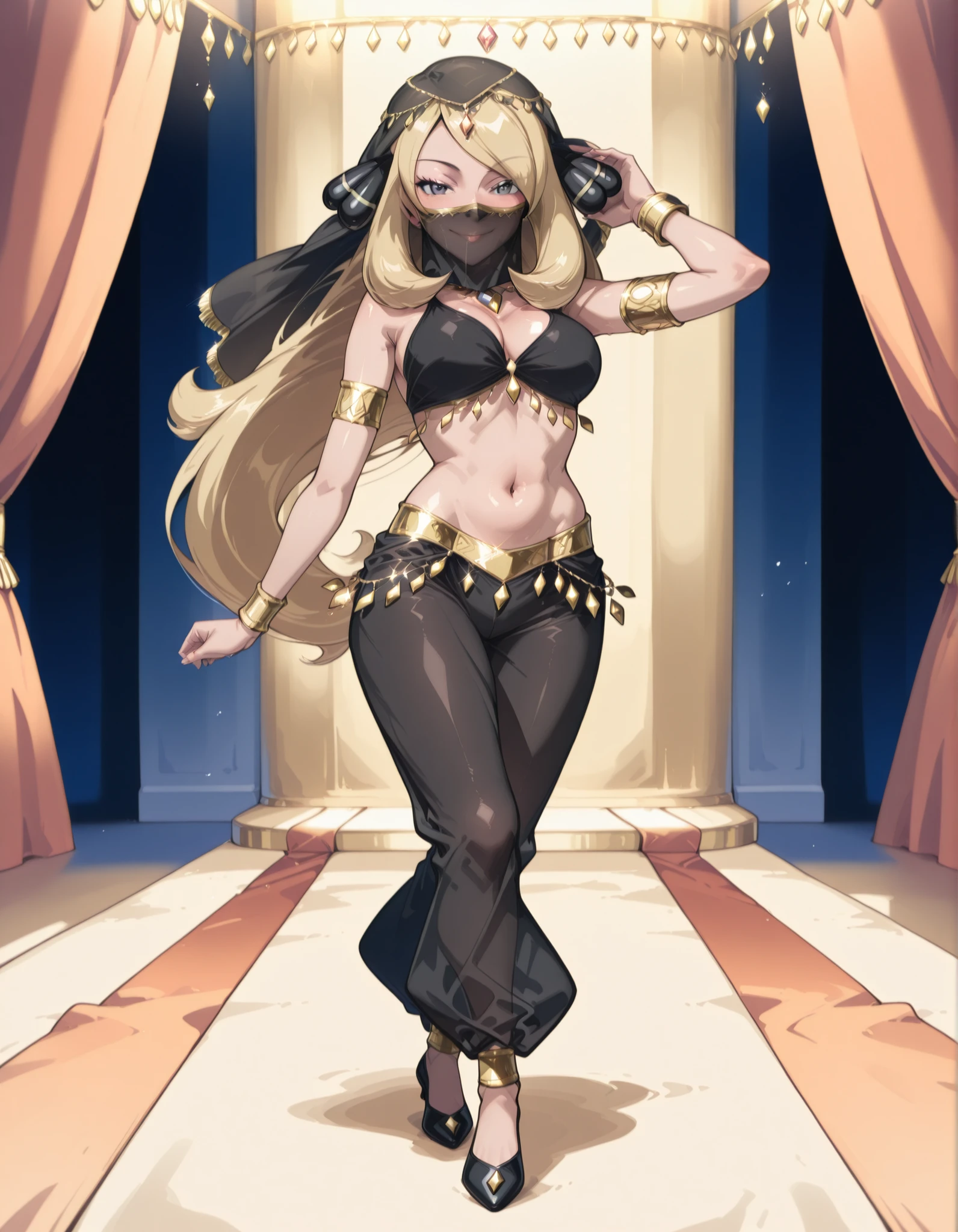 (1girl:1 . 5) , (Seul:1 . 5) , score_9 , score_8_haut , score_7_haut , source_anime , Official work  , ultra-detailed , masterpiece , best quality selfie snapshot , high resolution , beaux yeux , detailed eyes , detailed face , beautiful detailed eyes ,Pokemon Diamond & Pearl,Cynthia,Arabian Clothes , Arabian Dancer ,belly dancer costume ,full body,golden jewelery,mouth veil,armlet, belly dancing,arabian theater,seductive smile, dancing with veil, dynamic movement,dance posture, seductive pose