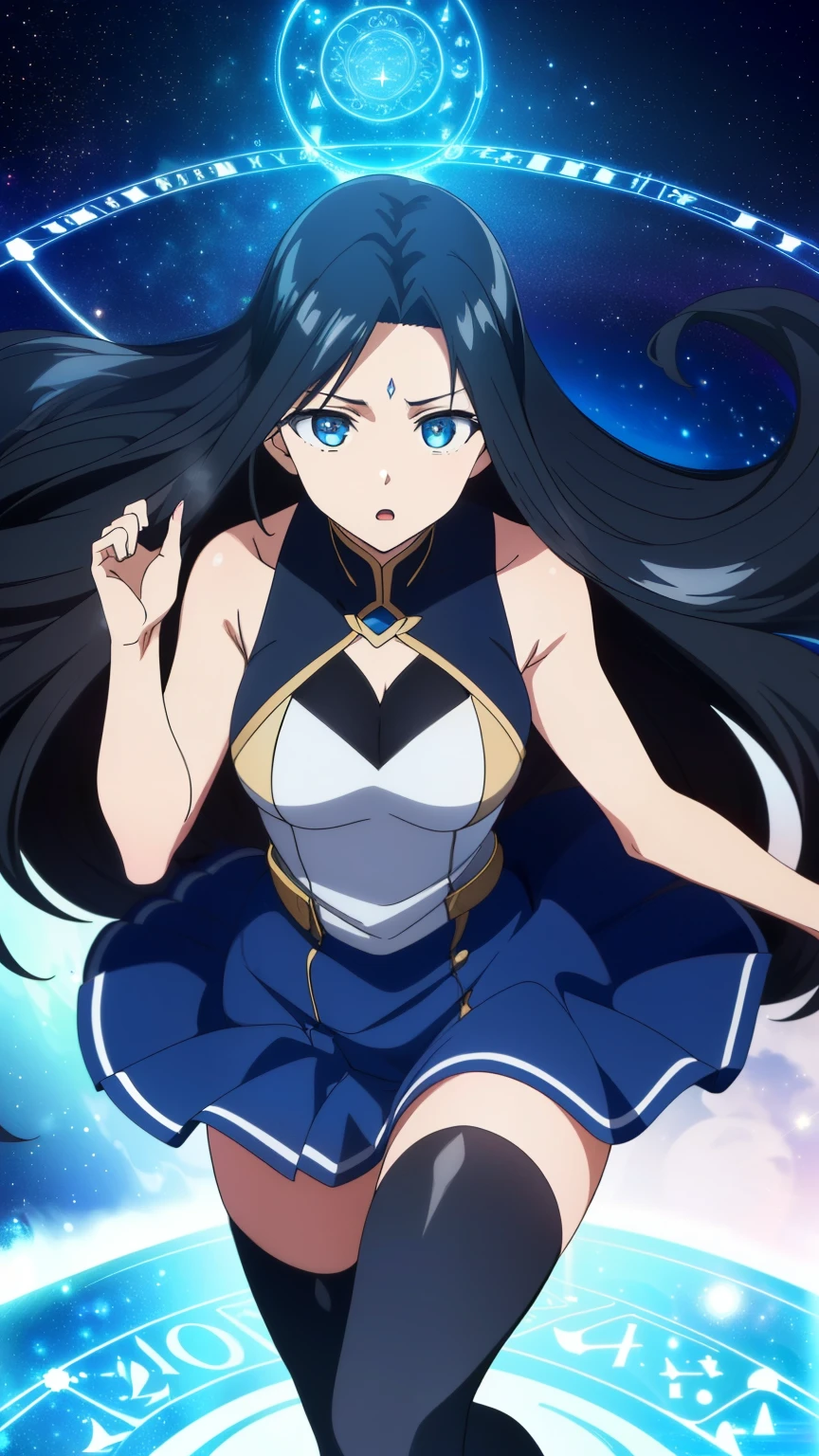 (Top quality, masterpiece, 8k), (anime coloring:1.2), very detailed, very detailed, perfect face, beautiful eyes, perfect eyes, detailed eyes, detailed face, ultra-detailed, detailed eyes, symmetrical eyes, sharp details, 1 girl, solo, (black long hair, straight hair), 18 years old, medium breasts, healthy skin, slim, slim body, ((black thighhighs,flowing hair, expression of surprise, (Floating above the magic circle, Summoning scene to another world, light effects), Mysterious space, magical particles, fantastical atmosphere, glimpses of otherworldly landscapes, Cinematic Composition)),