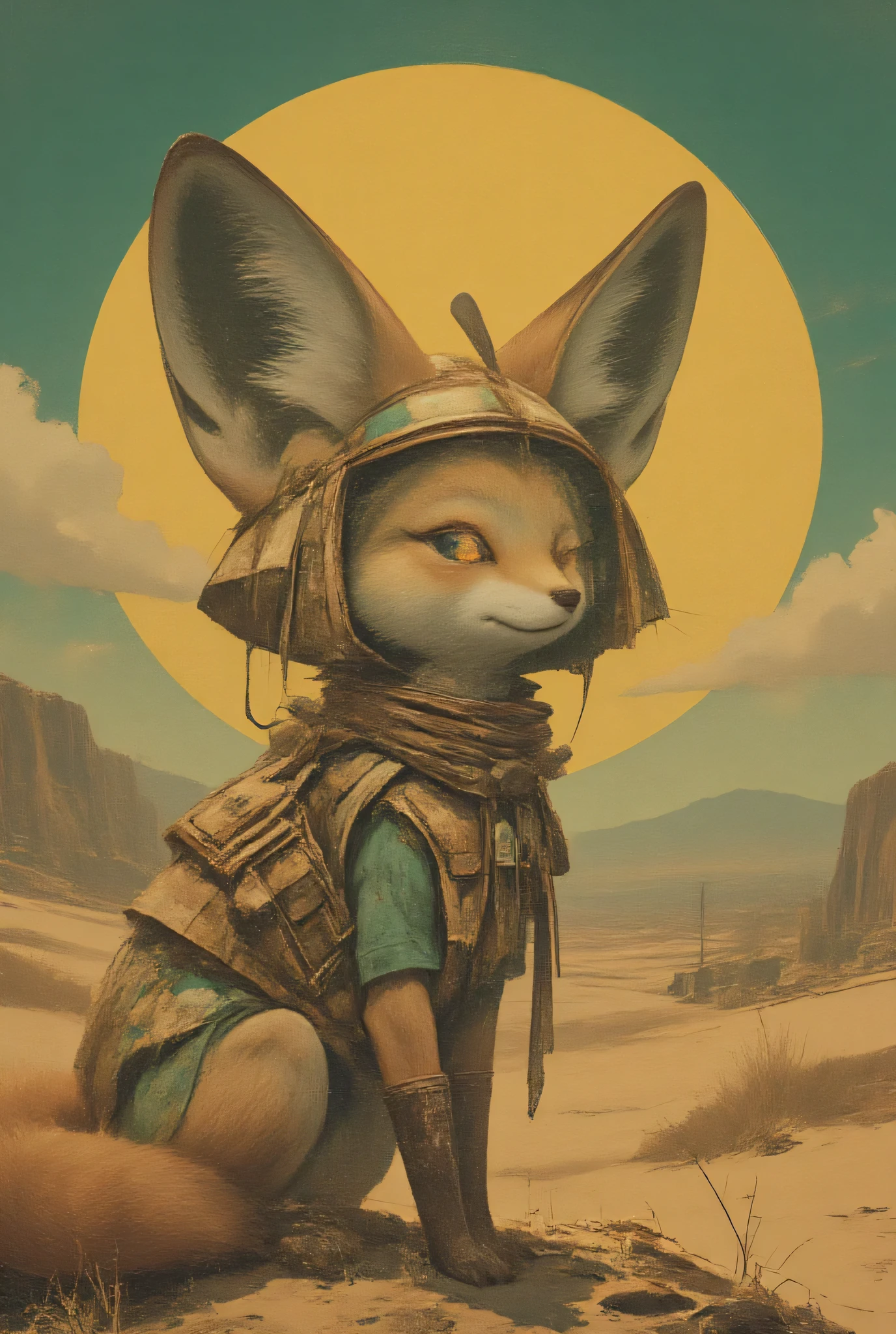 ((fennec fox with dunes)), green、Yellow,brown,surreal collage,a contemporary artistic collage,collage artwork, Call it the inner world of the Mesopotamian, great job !! ,digital collage、(collage ),collage art,contemporary collage,mixed media collage, surreal + high resolution , surreal style, convertible、 autism spectrum, greatest masterpiece、,pop collage, pop art ,