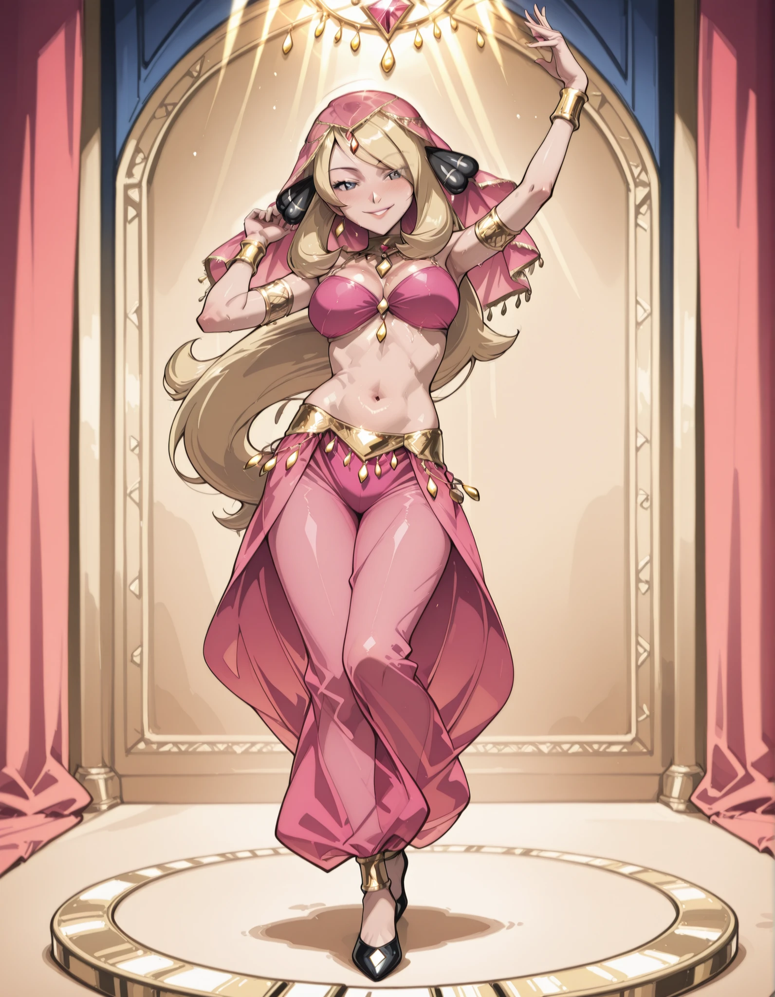 (1girl:1 . 5) , (Seul:1 . 5) , score_9 , score_8_haut , score_7_haut , source_anime , Official work , ultra-detailed , masterpiece , best quality selfie snapshot , high resolution , beaux yeux , detailed eyes , detailed face , beautiful detailed eyes ,Pokemon Diamond & Pearl,Cynthia,Arabian Clothes , Arabian Dancer ,belly dancer costume ,full body,golden jewelery,armlet, belly dancing,arabian theater,seductive smile, dancing with veil, dynamic movement,dance posture, seductive pose