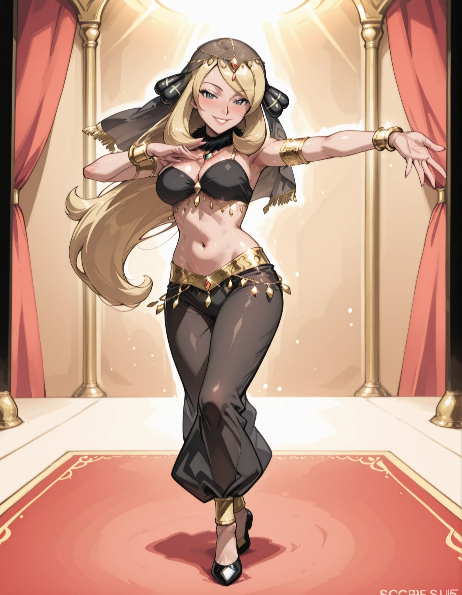 (1girl:1 . 5) , (Seul:1 . 5) , score_9 , score_8_haut , score_7_haut , source_anime , Official work , ultra-detailed , masterpiece , best quality selfie snapshot , high resolution , beaux yeux , detailed eyes , detailed face , beautiful detailed eyes ,Pokemon Diamond & Pearl,Cynthia,Arabian Clothes , Arabian Dancer ,belly dancer costume ,full body,golden jewelery,armlet, belly dancing,arabian theater,seductive smile, dancing with veil, dynamic movement,dance posture, seductive pose