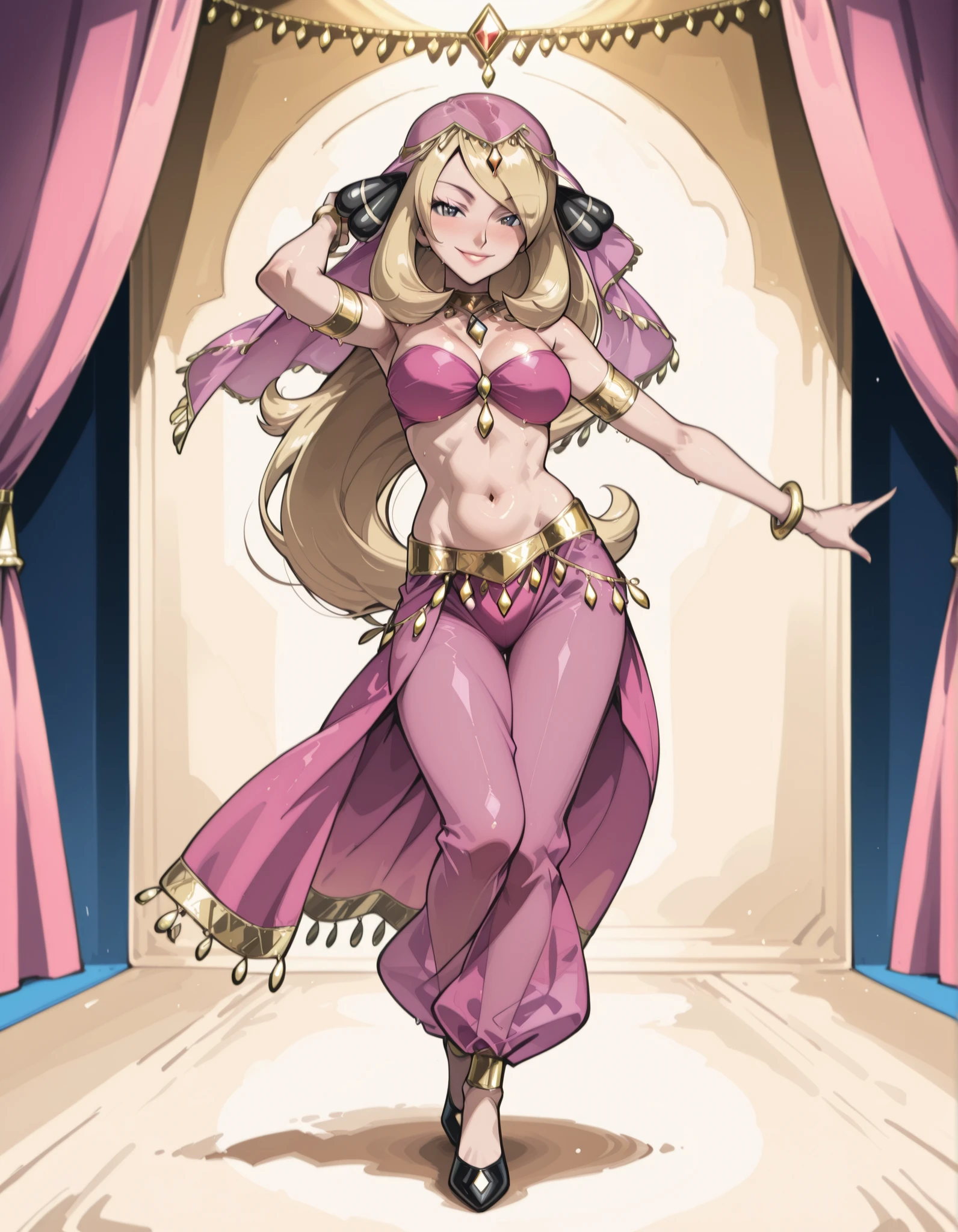 (1girl:1 . 5) , (Seul:1 . 5) , score_9 , score_8_haut , score_7_haut , source_anime , Official work , ultra-detailed , masterpiece , best quality selfie snapshot , high resolution , beaux yeux , detailed eyes , detailed face , beautiful detailed eyes ,Pokemon Diamond & Pearl,Cynthia,Arabian Clothes , Arabian Dancer ,belly dancer costume ,full body,golden jewelery,armlet, belly dancing,arabian theater,seductive smile, dancing with veil, dynamic movement,dance posture, seductive pose