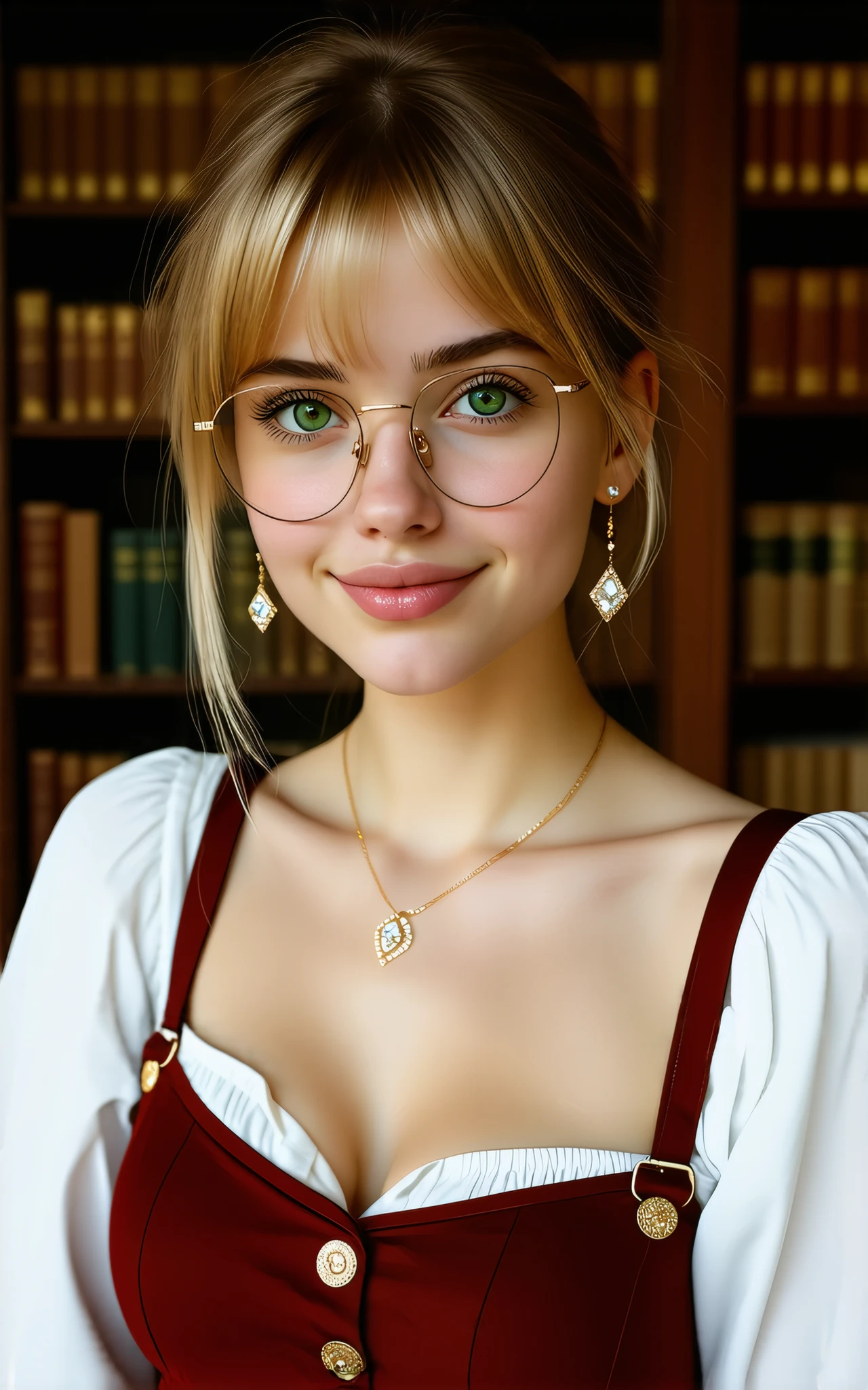 YoUng nordic beautifull girl, Blonde,( straight bangs:2), extremely sexy librarían, green eyes, Big breasts, gold earrings, gold necklace with diamont, delicate make up, pink lipstick,very tiny and sexy fine (red:1.5) librarían uniform, on a desk, in an old and antique library, hiperrealistic image, Master piece, low lighting, warm lighting, background out of focus, wearing eyeglasses. Seductive smile. Bits her lower lip.