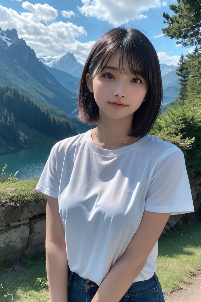 (top-quality、8K、32K、​masterpiece、nffsw:1.2)、Photo of a cute Japanese woman、Black short hair、beauitful face、(Slouched:1.3)、crouching down、(From  above:1.2)、(a closeup:1.4)、POV、Loose-fitting T-shirt、Big full-breasted beautiful ?????? slip:0.9)、outside of house、the wind、shinny skin、blurry backround、in mountains、