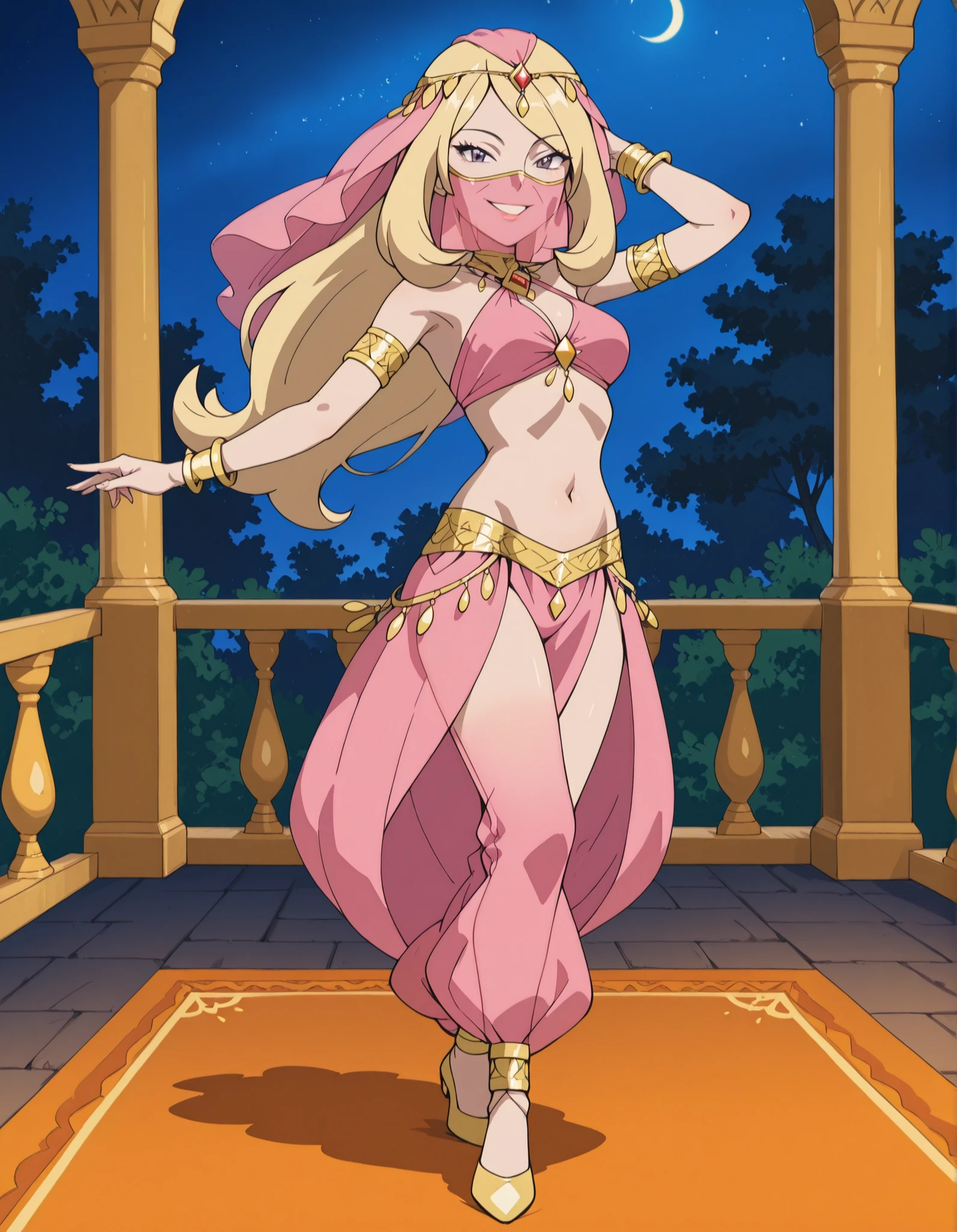 (1girl:1 . 5) , (Seul:1 . 5) , score_9 , score_8_haut , score_7_haut , source_anime , Official work  , ultra-detailed , masterpiece , best quality selfie snapshot , high resolution , beaux yeux , detailed eyes , detailed face , beautiful detailed eyes ,Pokemon Diamond & Pearl,Cynthia,Arabian Clothes , Arabian Dancer ,belly dancer costume ,full body,golden jewelery,mouth veil,armlet, belly dancing,night,arabian garden,seductive smile, dancing with veil, dynamic movement,dance posture, seductive pose