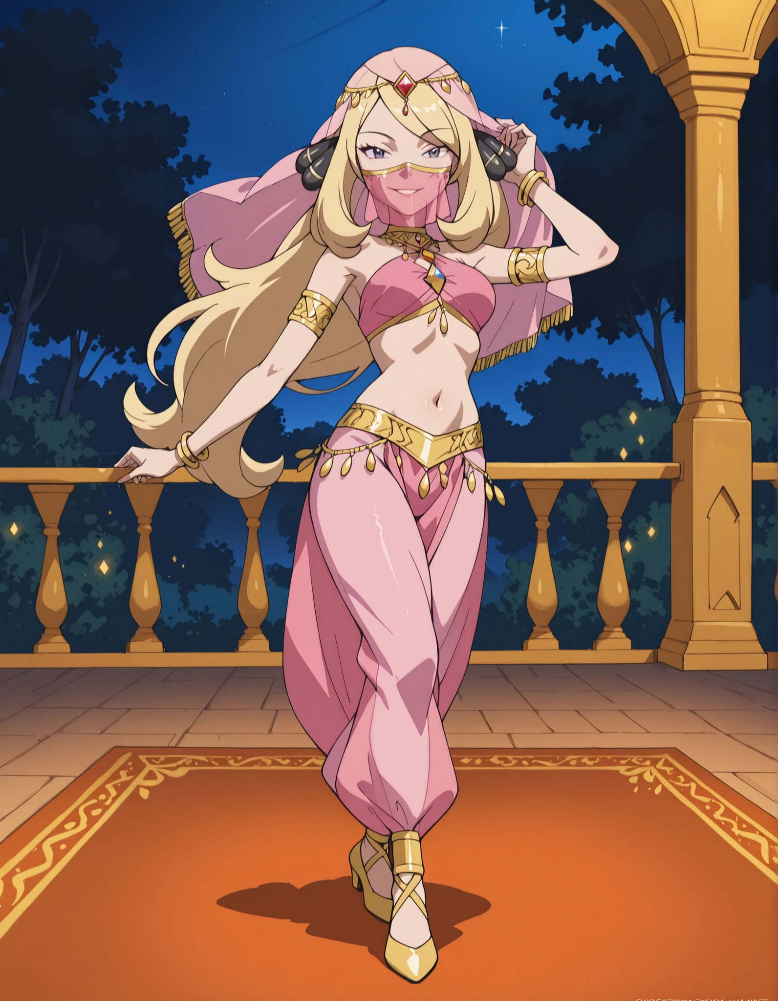 (1girl:1 . 5) , (Seul:1 . 5) , score_9 , score_8_haut , score_7_haut , source_anime , Official work  , ultra-detailed , masterpiece , best quality selfie snapshot , high resolution , beaux yeux , detailed eyes , detailed face , beautiful detailed eyes ,Pokemon Diamond & Pearl,Cynthia,Arabian Clothes , Arabian Dancer ,belly dancer costume ,full body,golden jewelery,mouth veil,armlet, belly dancing,night,arabian garden,seductive smile, dancing with veil, dynamic movement,dance posture, seductive pose