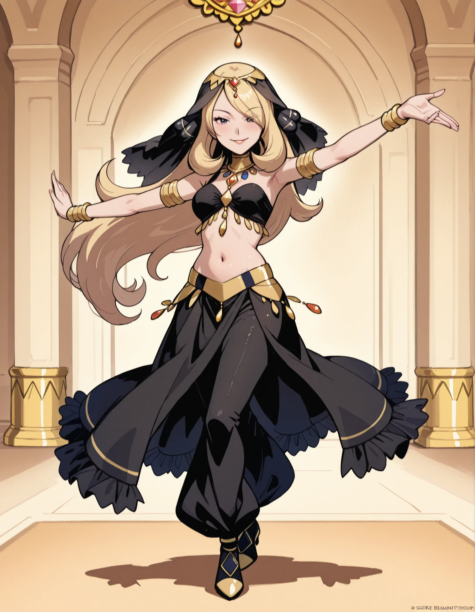 (1girl:1 . 5) , (Seul:1 . 5) , score_9 , score_8_haut , score_7_haut , source_anime , Official work  , ultra-detailed , masterpiece , best quality selfie snapshot , high resolution , beaux yeux , detailed eyes , detailed face , beautiful detailed eyes ,Pokemon Diamond & Pearl,Cynthia,Arabian Clothes , Arabian Dancer ,belly dancer costume ,full body,golden jewelery,armlet, belly dancing,arabian garden,seductive smile, dancing with veil, dynamic movement,dance posture, seductive pose