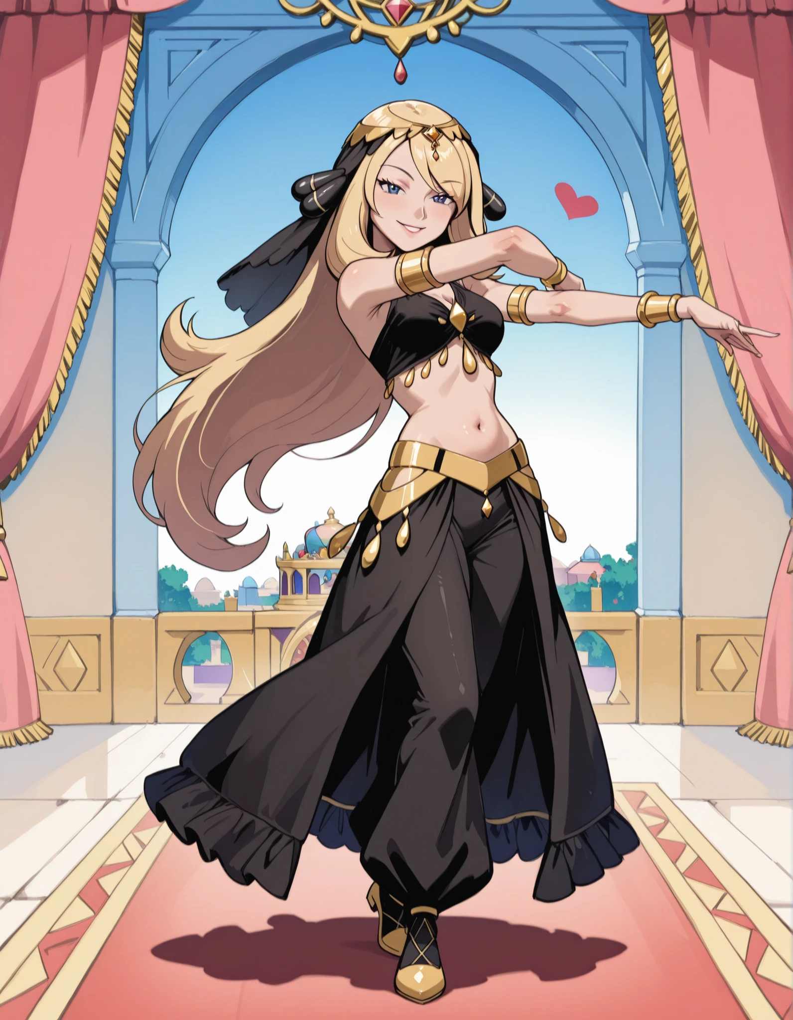 (1girl:1 . 5) , (Seul:1 . 5) , score_9 , score_8_haut , score_7_haut , source_anime , Official work  , ultra-detailed , masterpiece , best quality selfie snapshot , high resolution , beaux yeux , detailed eyes , detailed face , beautiful detailed eyes ,Pokemon Diamond & Pearl,Cynthia,Arabian Clothes , Arabian Dancer ,belly dancer costume ,full body,golden jewelery,armlet, belly dancing,arabian garden,seductive smile, dancing with veil, dynamic movement,dance posture, seductive pose