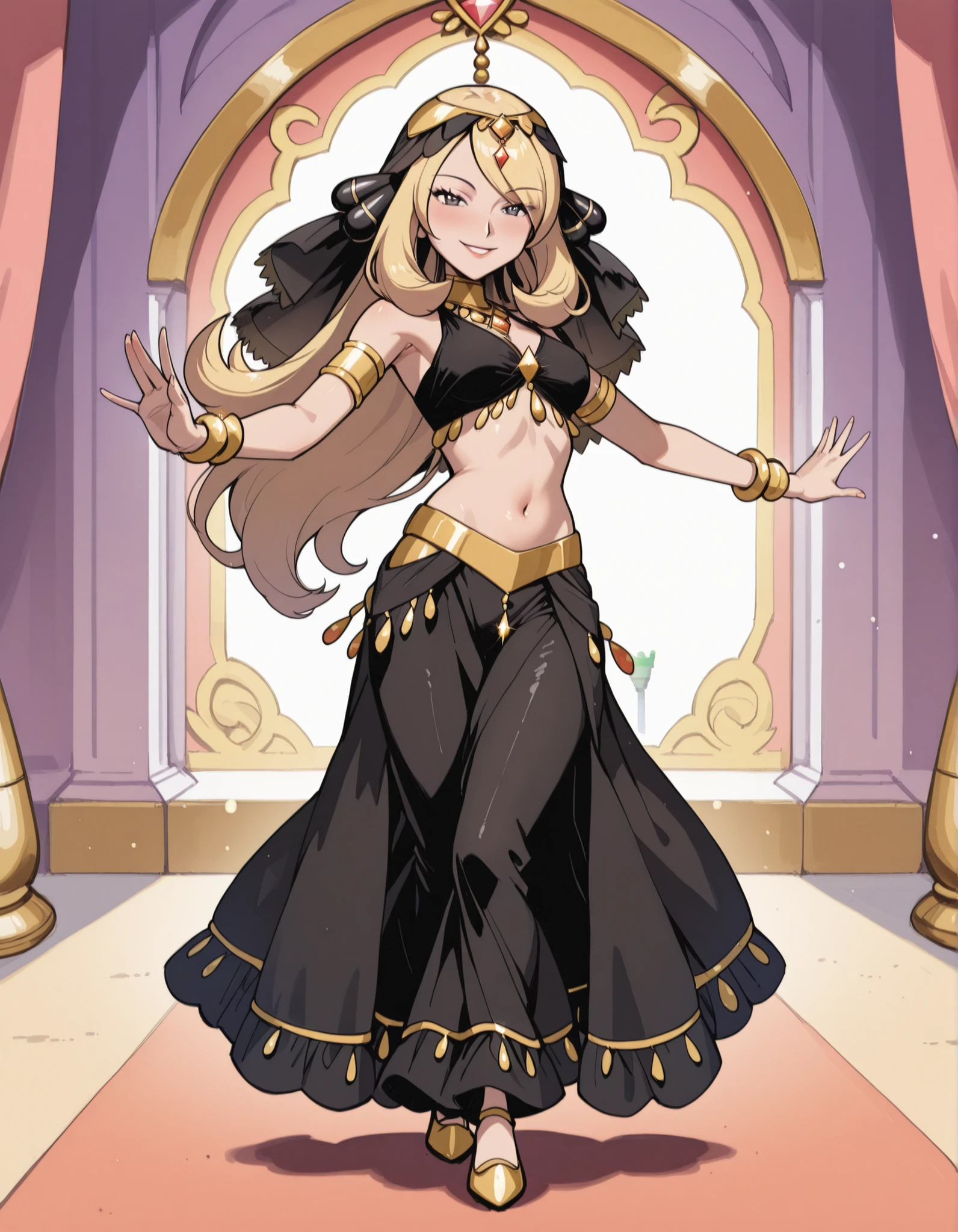 (1girl:1 . 5) , (Seul:1 . 5) , score_9 , score_8_haut , score_7_haut , source_anime , Official work , ultra-detailed , masterpiece , best quality selfie snapshot , high resolution , beaux yeux , detailed eyes , detailed face , beautiful detailed eyes ,Pokemon Diamond & Pearl,Cynthia,Arabian Clothes , Arabian Dancer ,belly dancer costume ,full body,golden jewelery,armlet, belly dancing,arabian garden,seductive smile, dancing with veil, dynamic movement,dance posture, seductive pose