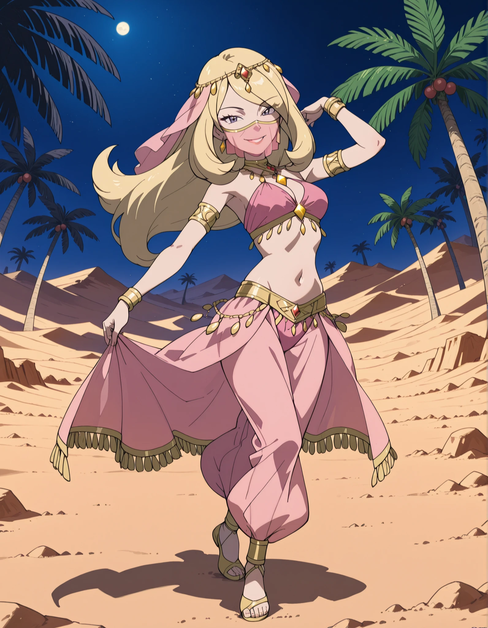(1girl:1 . 5) , (Seul:1 . 5) , score_9 , score_8_haut , score_7_haut , source_anime , Official work , ultra-detailed , masterpiece , best quality selfie snapshot , high resolution , beaux yeux , detailed eyes , detailed face , beautiful detailed eyes ,Pokemon Diamond & Pearl,Cynthia,Arabian Clothes , Arabian Dancer ,belly dancer costume ,full body,golden jewelery,mouth veil,armlet, belly dancing,night,desert lands,palm tree,seductive smile, dancing with veil, dynamic movement,dance posture, seductive pose
