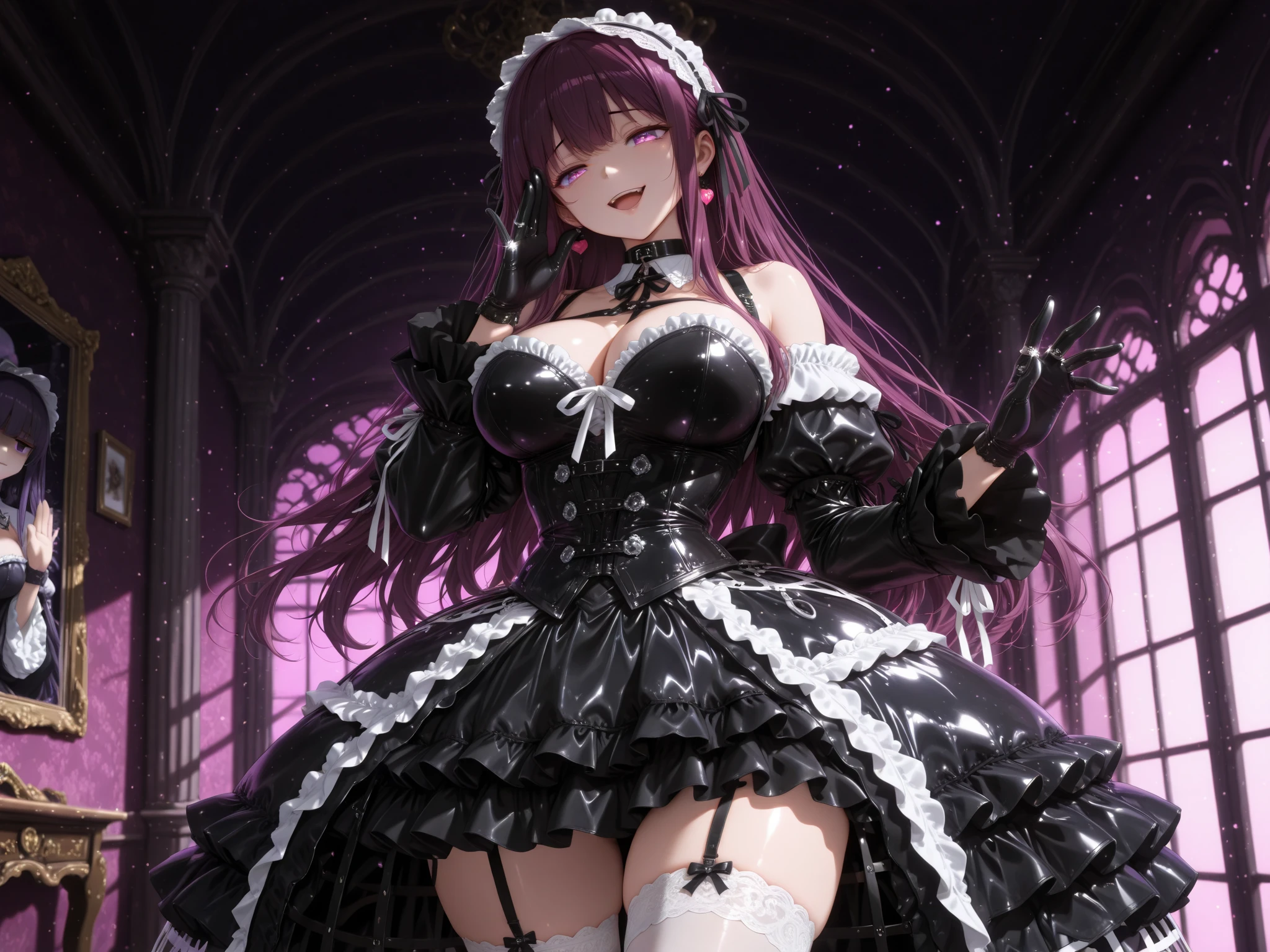 ​masterpiece, top-quality, Hi-Res, (((((Evil Fall))))), (((Leotard))), (((Hollow eyes))),ram1, 1girl in, 独奏, Standing picture,Ram(Re:Life in another world starting from scratch), A pink-haired, white thighhig, (((shorth hair))), red eyes, Hair above one eye, Ribbon trim, Hair Ribbon, X Hair Ornament, frilld, Maid headdress, garter strap, a black ribbon, Colossal tits,(((neck tie))), magical little girl