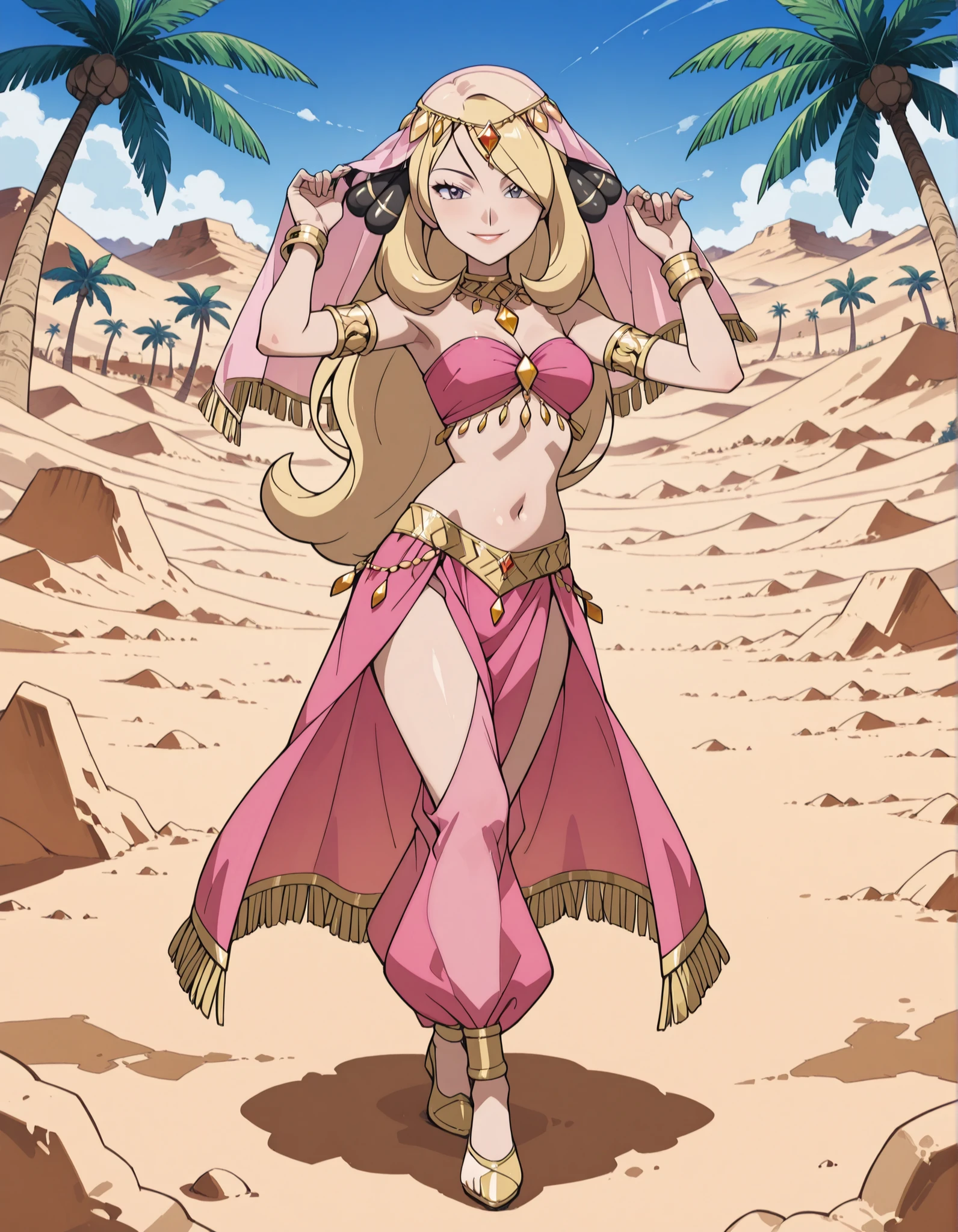 (1girl:1 . 5) , (Seul:1 . 5) , score_9 , score_8_haut , score_7_haut , source_anime , Official work  , ultra-detailed , masterpiece , best quality selfie snapshot , high resolution , beaux yeux , detailed eyes , detailed face , beautiful detailed eyes ,Pokemon Diamond & Pearl,Cynthia,Arabian Clothes , Arabian Dancer ,belly dancer costume ,full body,golden jewelery,armlet, belly dancing,desert lands,palm tree,seductive smile, dancing with veil, dynamic movement,dance posture, seductive pose