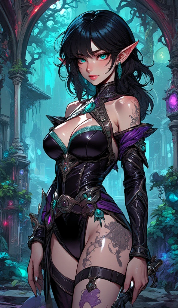 (masterpiece, photorealism, best quality, perfect face, (beautiful and aesthetic:1.4), highest detailed face), (dark fantasy illustration:1.3), (photo of gorgeous female dark mage in dungeon, surrounded by dark fog coming form all directions, woman with black messy hair, gradient hair, (green eyes), ????????????, perfect body), longeyelashes, hourglass body, skimpy black clothes, (sharp eyes, extremely detailed eyes, clear eyes:1.1), (super detailed, elegant, ultrarealistic, intricate , digital photography), 1gril, (looking at viewer), full shot, ((green energy magic swirling round)), (particles, cinematic lighting, lens flare, depth of field),