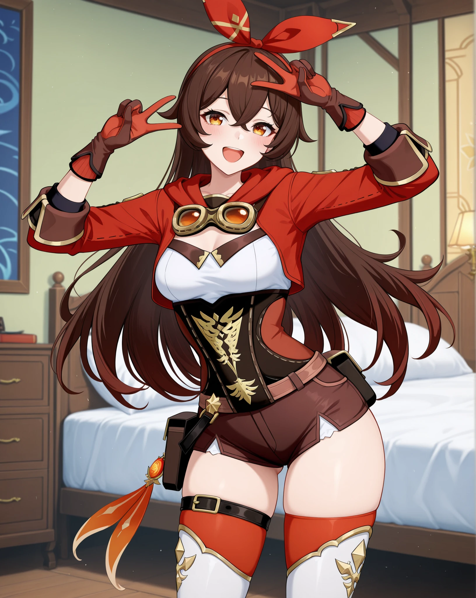Amber \Genshin Impact\,
small breasts, brown hair, long hair, sidelocks,
red hair bow, hairband,
goggles around neck, red hooded jacket, hood down,
long sleeves, sleeves rolled up, white shirt,
black underbust corset, belt, belt pouch, brown gloves,
feather, brown shorts, short shorts,
thigh belt, red thighhighs, thighhighs under boots,
thigh boots, white footwear, high heel boots,
masterpiece, best quality, top quality, newest, score_9, score_8_up, score_7_up, anime style, hot anime babe, large breasts, shapely hips, negative space, cute, young, thin body, slim, aged up, mature female, adult, mature woman,
bedroom, girl bedroom,
1 beautiful female, solo,
(happy, cute expression,
idole pose, peace sign, standing, cowboy shot, eye level shot,)