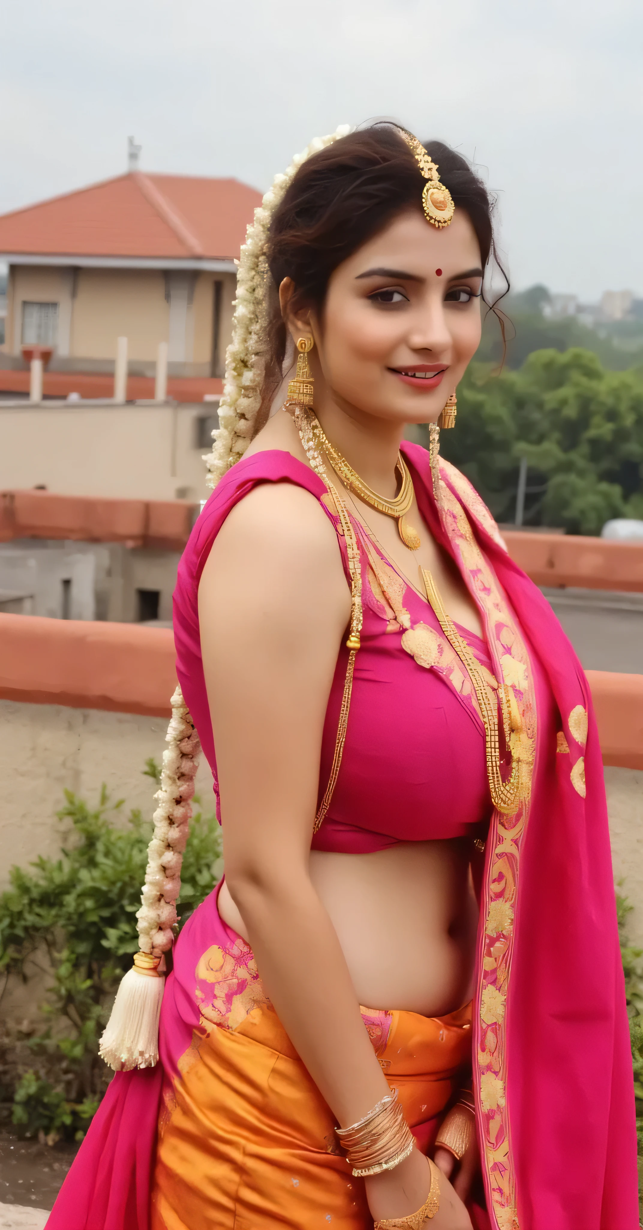 FULL BODY,in MEHANDI ON BOTH HAND AND LEG ,nose ring, necklace, bangles on both hands, belly chain,desi bride , rooftop , raining ,very long nails , cleavage , thick thighs.