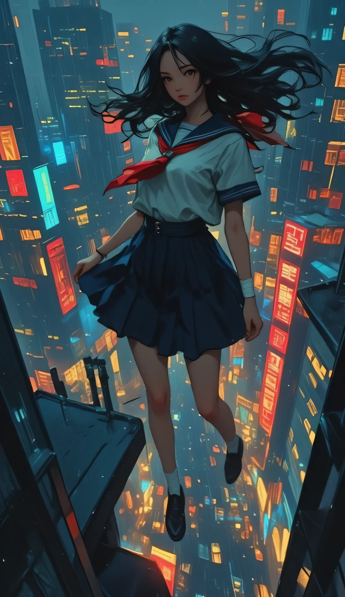 ((Highest quality)), ((masterpiece)), (detailed), ((very detailed face)), High resolution photograph, ((full body portrait)),
(Junior high school girl, 14 years old, she is wearing a short-sleeved white sailor uniform with a navy blue collar and a red scarf, navy blue mini pleated skirt, black loafers), sexy seduction, perfect hot long hair, beautiful black hair, her body shape is like a model, (professional lighting), looking at the camera, bandage on right arm, small chest, perfect face, beautiful expression, beautiful face, beautiful eyes, beautiful girl, flying like Batman with arms and legs spread from the rooftop of a building at night, looking at the girl from the ground, you can see her brave face, skyscraper street at night in a big city, heavy rain is falling, movie scene, (rain-soaked clothes), detailed background,