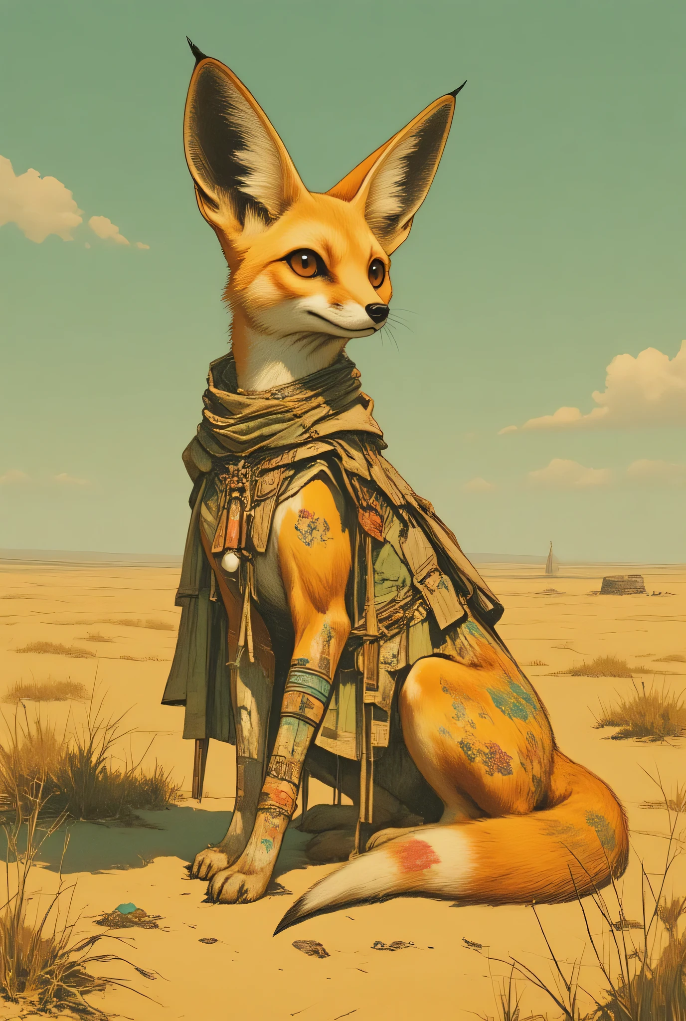 ((fennec fox with dunes)), green、Yellow,brown,surreal collage,a contemporary artistic collage,collage artwork,  Call it the inner world of the Mesopotamian,  great job  !! ,digital collage、(collage ),collage art,contemporary collage,mixed media collage,  surreal +       high resolution  ,  surreal style,   convertible、     autism spectrum,   greatest masterpiece、,pop collage, pop art , 