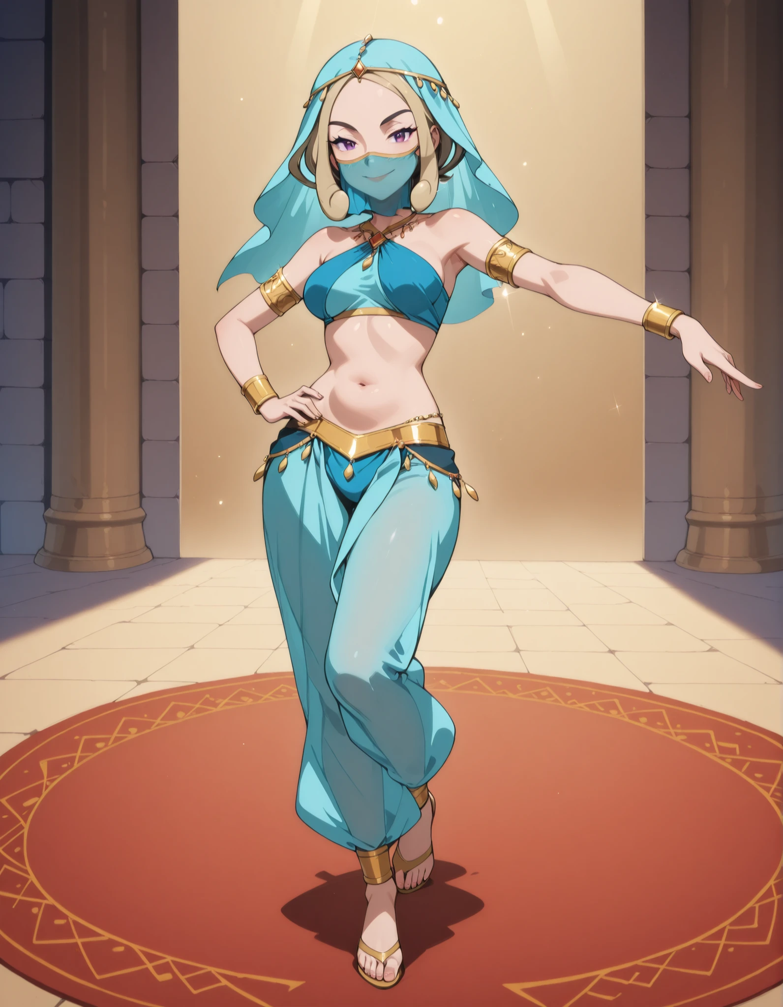 (1girl:1 . 5) , (Seul:1 . 5) , score_9 , score_8_haut , score_7_haut , source_anime , Official work , ultra-detailed , masterpiece , best quality selfie snapshot , high resolution , beaux yeux , detailed eyes , detailed face , beautiful detailed eyes ,Pokemon X&Y, Viola,Arabian Clothes , Arabian Dancer ,belly dancer costume ,full body,golden jewelery,mouth veil,armlet, belly dancing,arabian theater,seductive smile, dancing with veil, dynamic movement,dance posture, seductive pose