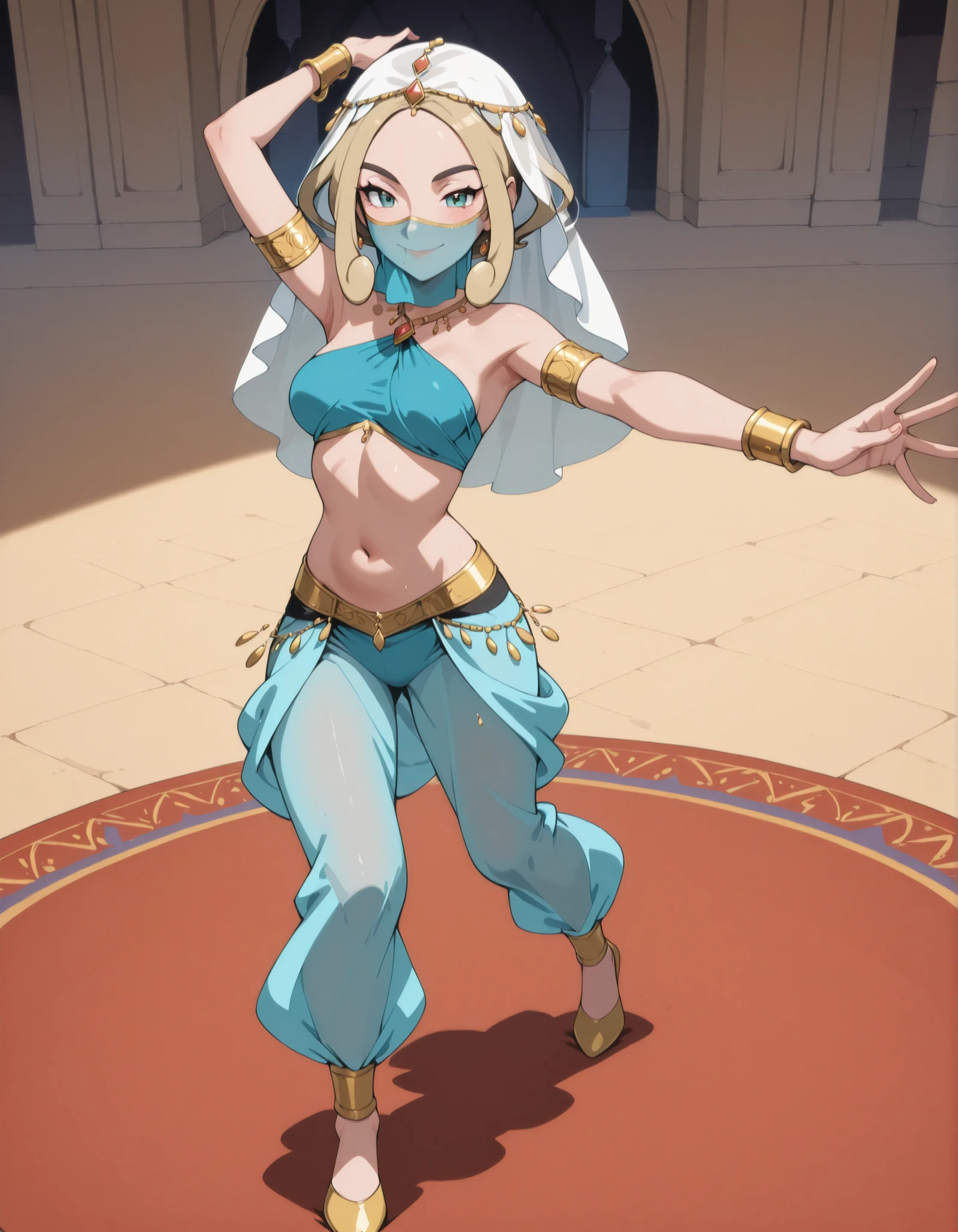 (1girl:1 . 5) , (Seul:1 . 5) , score_9 , score_8_haut , score_7_haut , source_anime , Official work , ultra-detailed , masterpiece , best quality selfie snapshot , high resolution , beaux yeux , detailed eyes , detailed face , beautiful detailed eyes ,Pokemon X&Y, Viola,Arabian Clothes , Arabian Dancer ,belly dancer costume ,full body,golden jewelery,mouth veil,armlet, belly dancing,arabian theater,seductive smile, dancing with veil, dynamic movement,dance posture, seductive pose