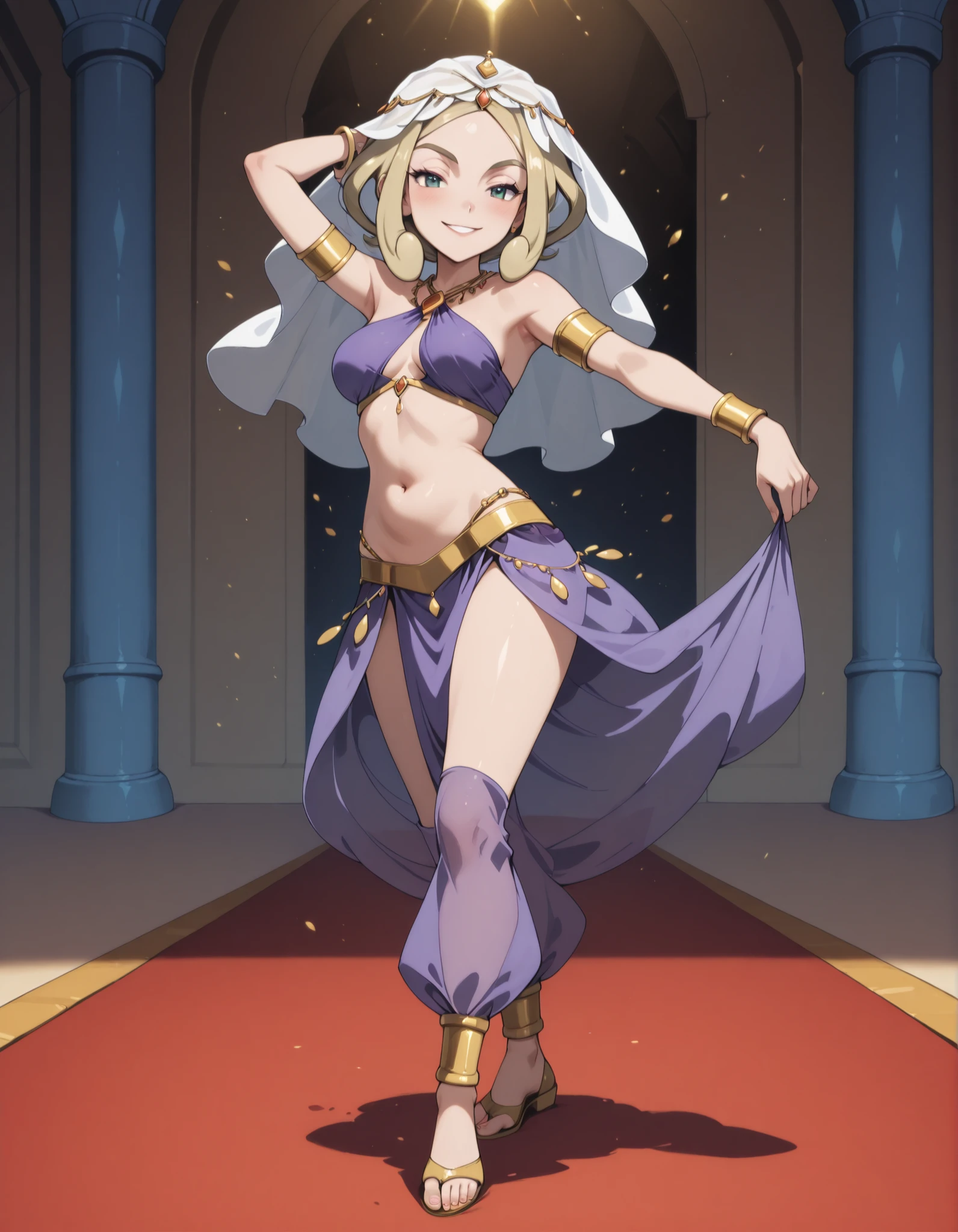 (1girl:1 . 5) , (Seul:1 . 5) , score_9 , score_8_haut , score_7_haut , source_anime , Official work , ultra-detailed , masterpiece , best quality selfie snapshot , high resolution , beaux yeux , detailed eyes , detailed face , beautiful detailed eyes ,Pokemon XY, Viola,Arabian Clothes , Arabian Dancer ,belly dancer costume ,full body,golden jewelery,armlet, belly dancing,arabian theater,seductive smile, dancing with veil, dynamic movement,dance posture, seductive pose