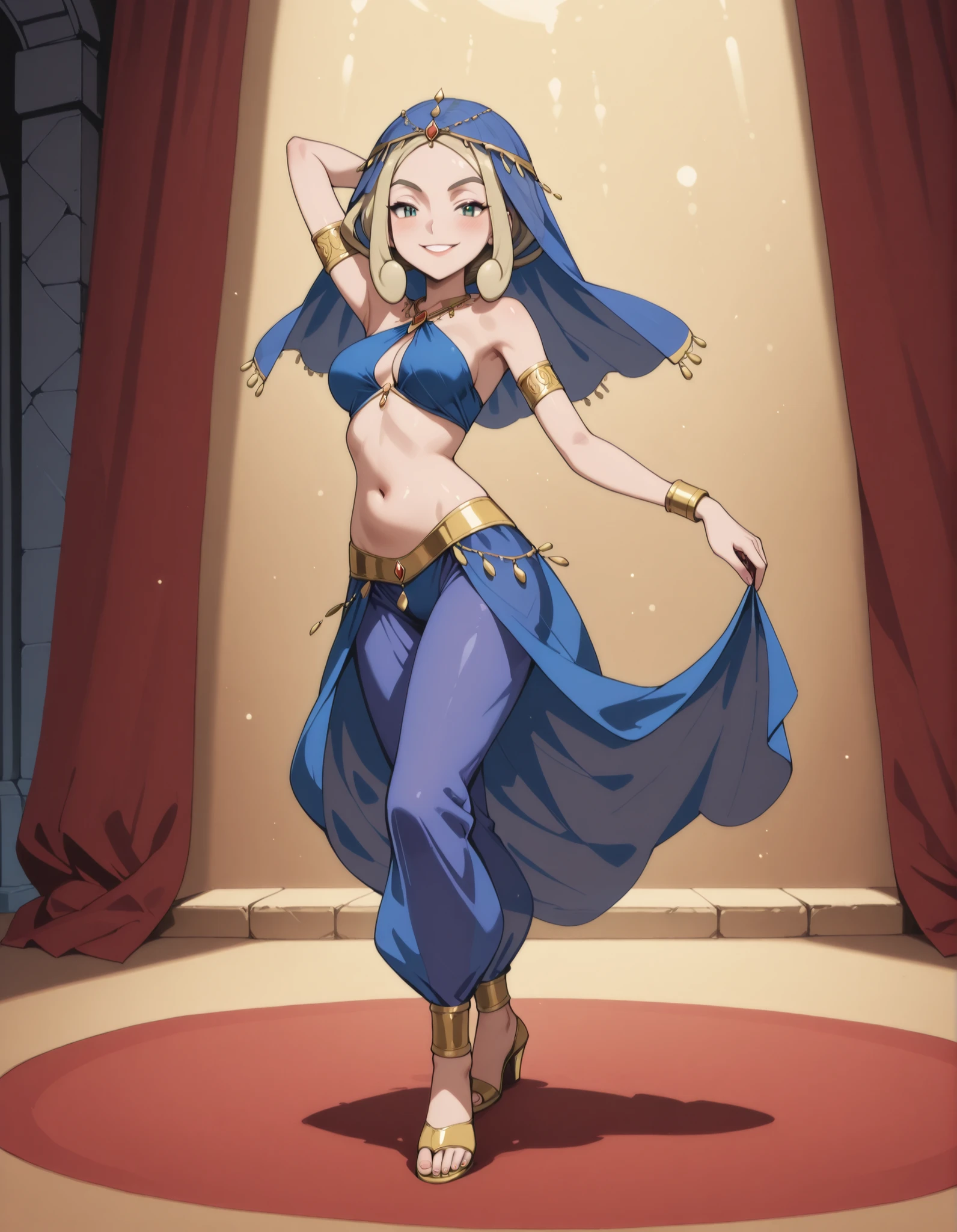 (1girl:1 . 5) , (Seul:1 . 5) , score_9 , score_8_haut , score_7_haut , source_anime , Official work , ultra-detailed , masterpiece , best quality selfie snapshot , high resolution , beaux yeux , detailed eyes , detailed face , beautiful detailed eyes ,Pokemon XY, Viola,Arabian Clothes , Arabian Dancer ,belly dancer costume ,full body,golden jewelery,armlet, belly dancing,arabian theater,seductive smile, dancing with veil, dynamic movement,dance posture, seductive pose