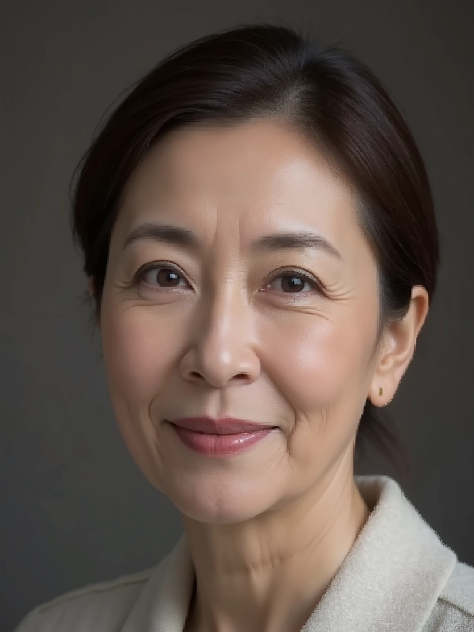Japanese mature woman, solo, seductive aura, sensual expression, elegant and confident, soft lighting, visible wrinkles around eyes and mouth, natural aging signs, age 80s, realistic skin texture, slight sagging skin, high detail, photorealistic, studio portrait, age-appropriate hairstyle, natural look