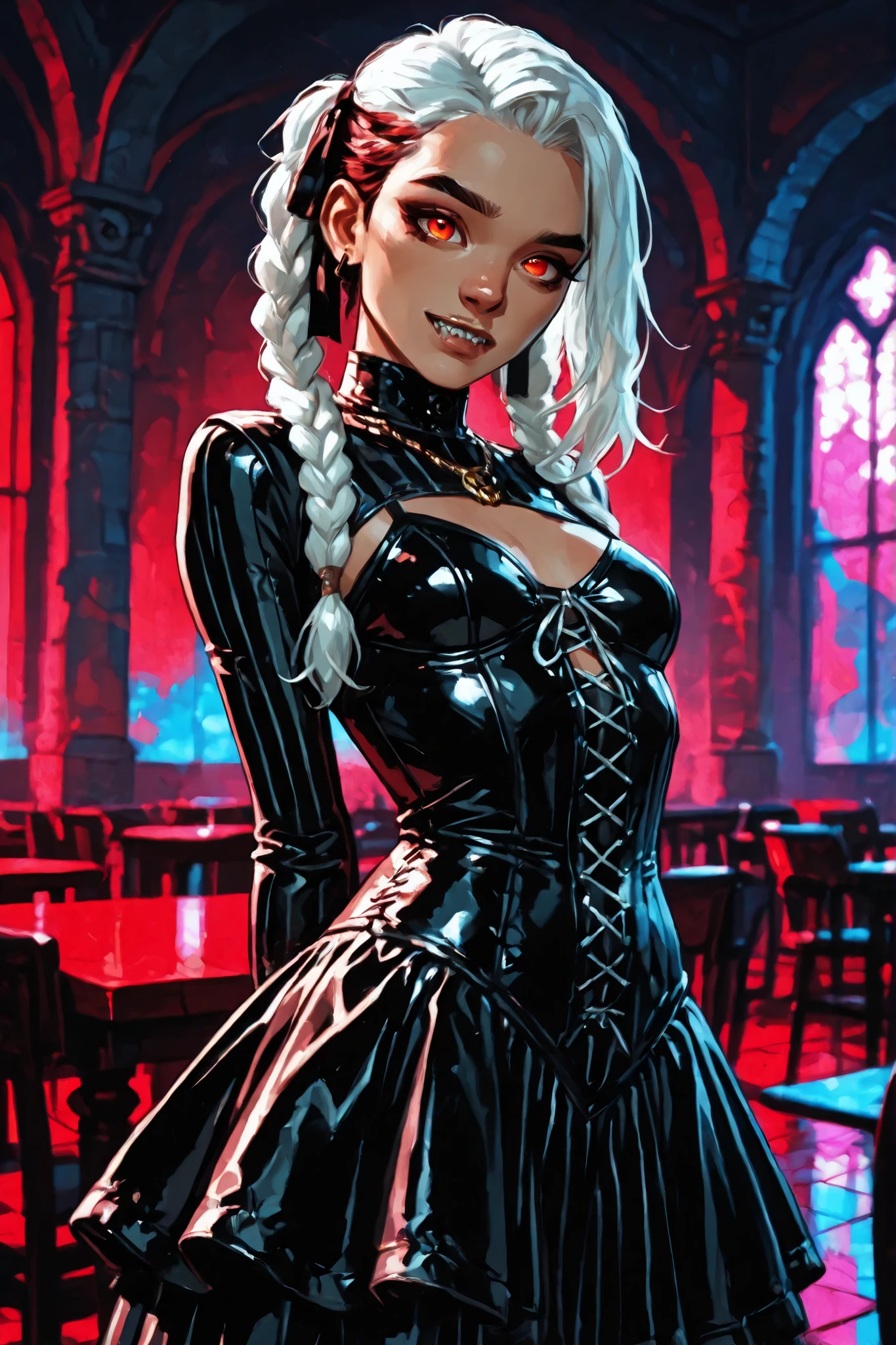 Drawn like the artist Bob Kehl. Phaedra from Fortnite with white and dark hair, deep red-coloured eyes, slanted big eyes, with sharp teeth, athletic body and abs. Slender and athletic. Cute, round and young face. White highlights in her hair. She wears Aztec black snake-leather dress with snakeskin-texture. She also wears an amber necklace. She has small . Atmospheric lighting. She looks like Wednesday Adams. Box-art. DnD-art-style, Looking at the viewer. Oil painting. Sepia filter. Less colour. Semi-realistic style. Background: medieval aztec ruin