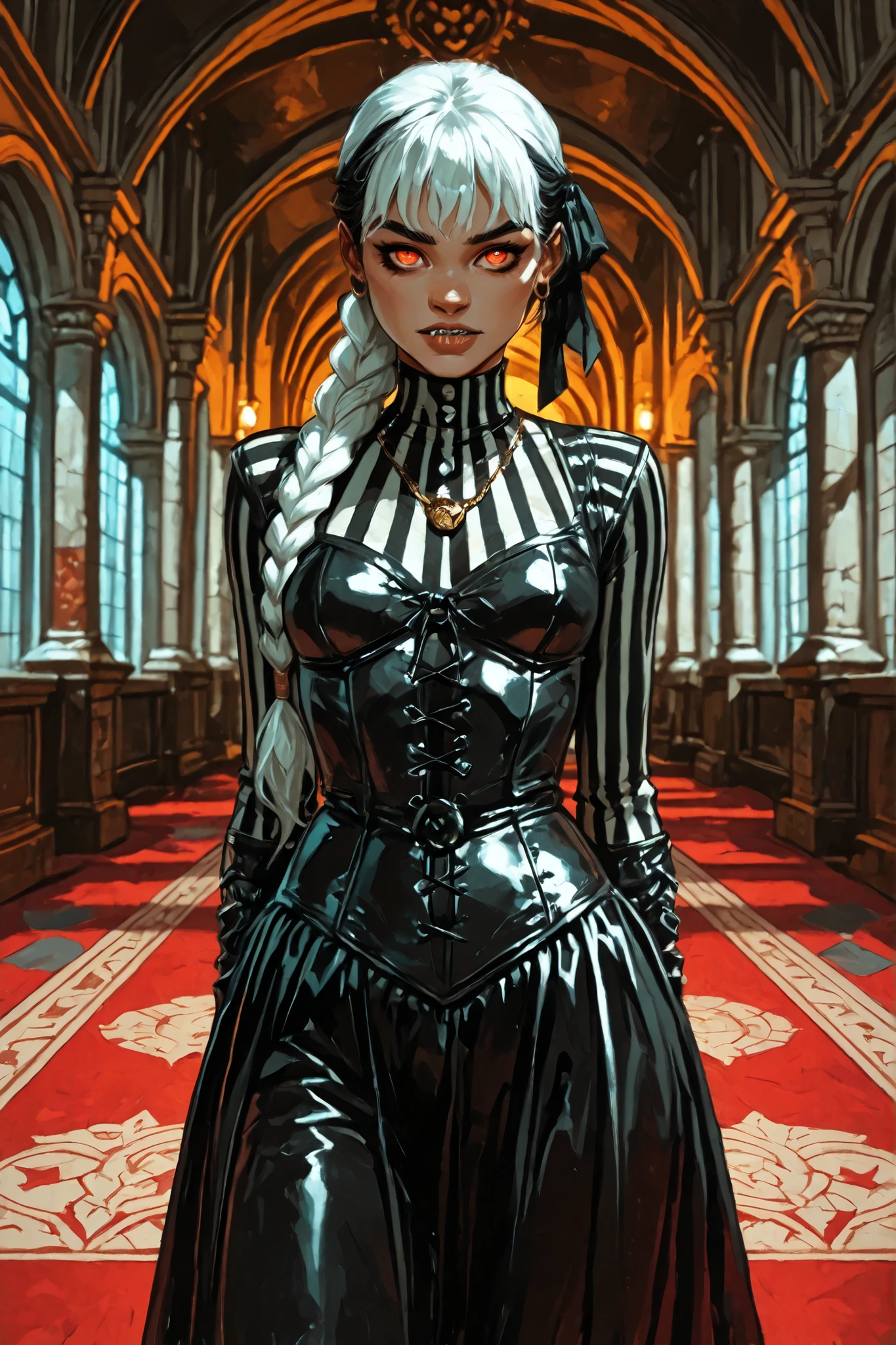 Drawn like the artist Bob Kehl. Phaedra from Fortnite with white and dark hair, deep red-coloured eyes, slanted big eyes, with sharp teeth, athletic body and abs. Slender and athletic. Cute, round and young face. White highlights in her hair. She wears Aztec black snake-leather dress with snakeskin-texture. She also wears an amber necklace. She has small . Atmospheric lighting. She looks like Wednesday Adams. Box-art. DnD-art-style, Looking at the viewer. Oil painting. Sepia filter. Less colour. Semi-realistic style. Background: medieval aztec ruin