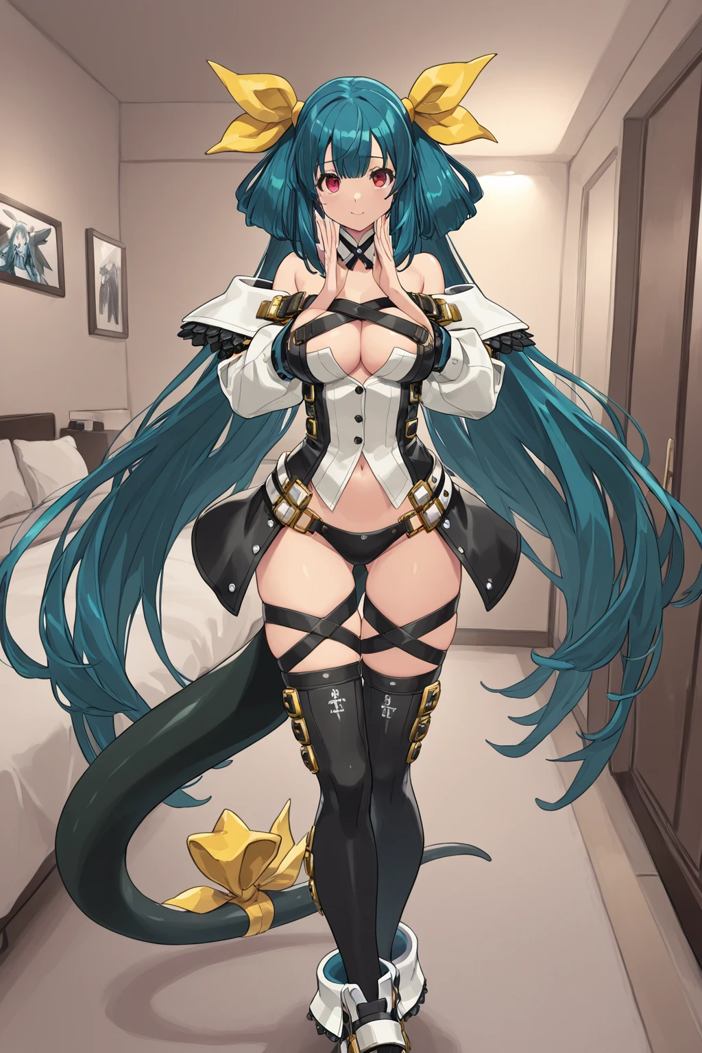 Purple eyes, aqua hair   ears  girl bunnysuit cleavage pantyhose 