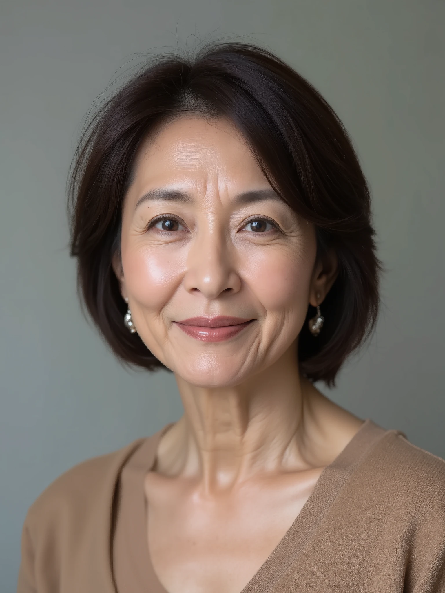 Japanese mature woman, solo, seductive aura, sensual expression, elegant and confident, soft lighting, visible wrinkles around eyes and mouth, natural aging signs, age 80s, realistic skin texture, slight sagging skin, high detail, photorealistic, studio portrait, age-appropriate hairstyle, natural look