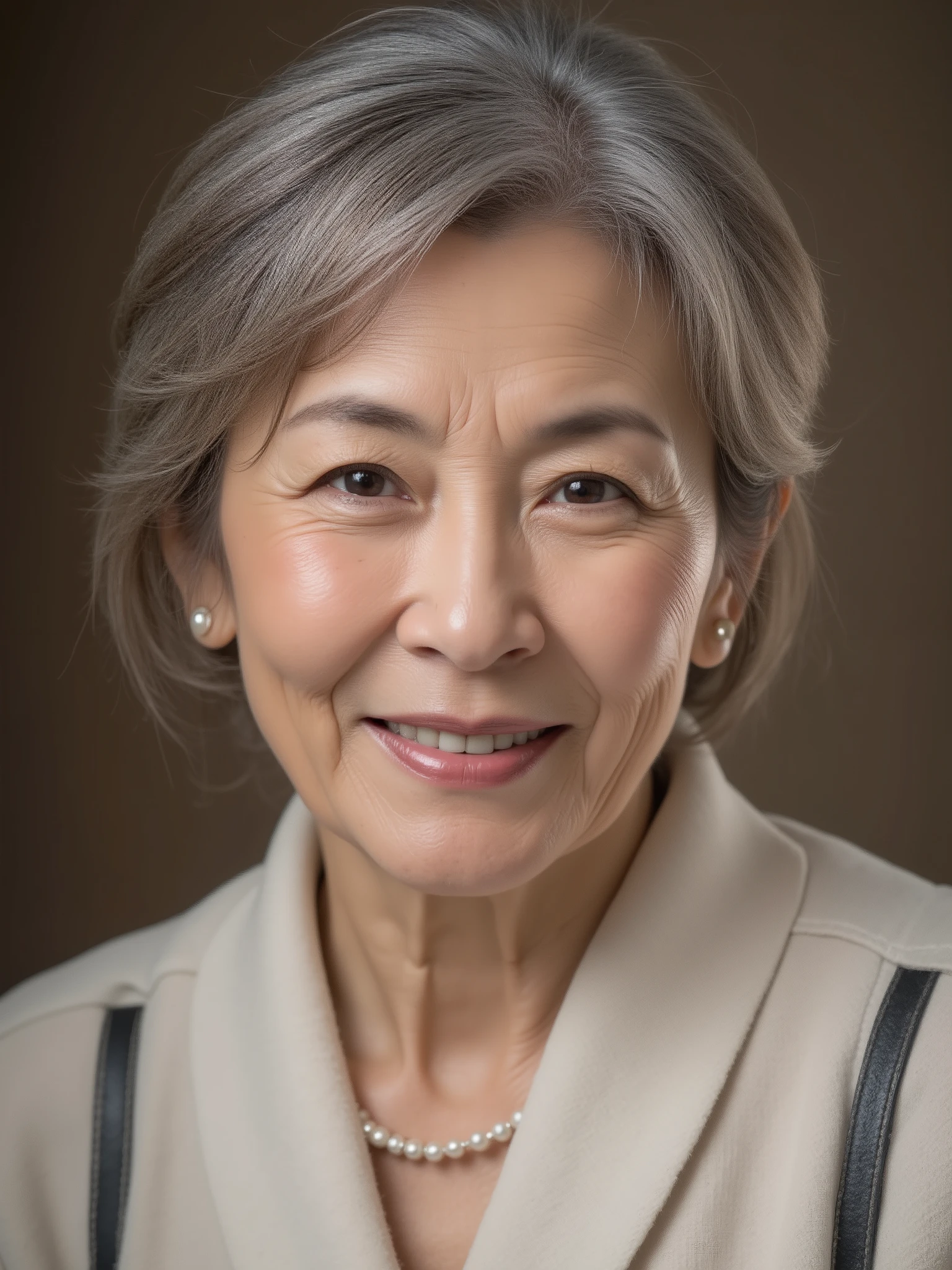 Japanese mature woman, solo, seductive aura, sensual expression, elegant and confident, soft lighting, visible wrinkles around eyes and mouth, natural aging signs, age 80s, realistic skin texture, slight sagging skin, high detail, photorealistic, studio portrait, age-appropriate hairstyle, natural look
